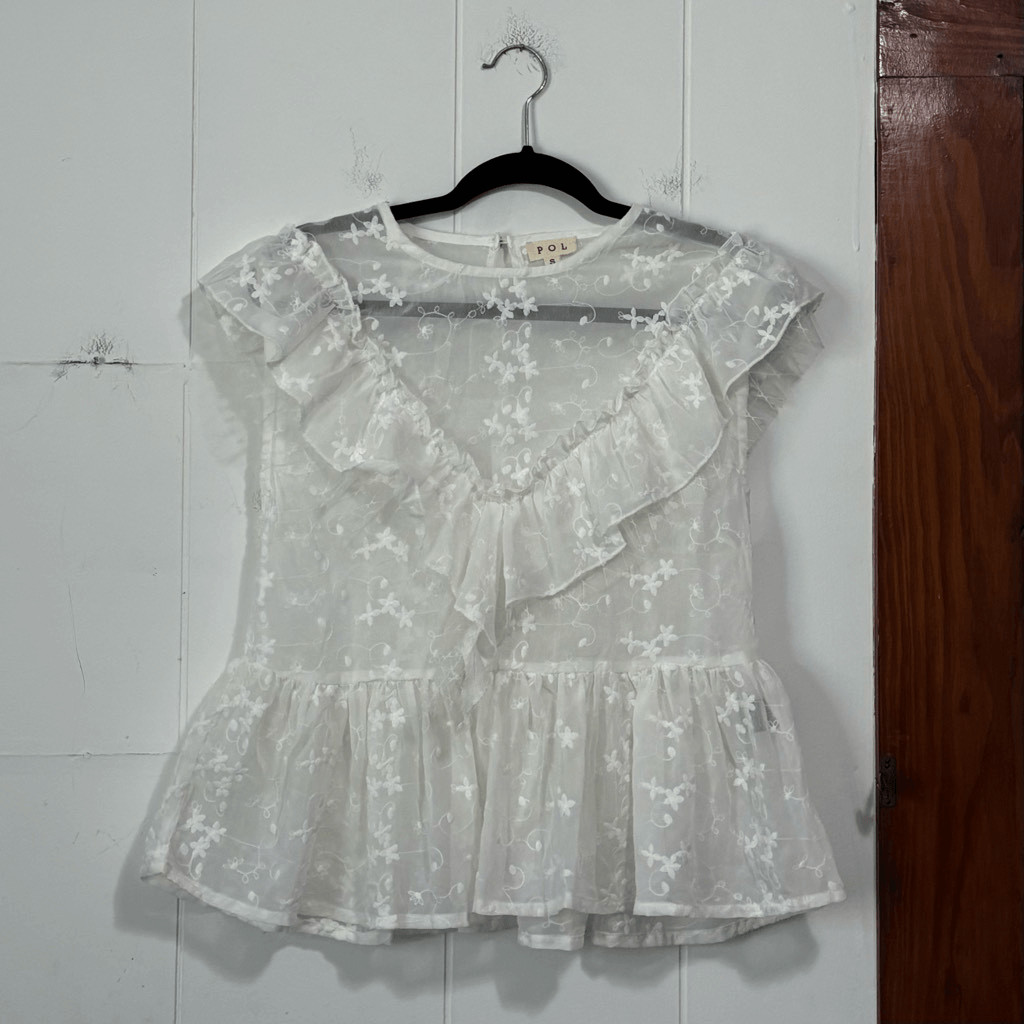 POL White Floral Embroidered Sheer Mesh Peplum Ruffle Top Womens Small