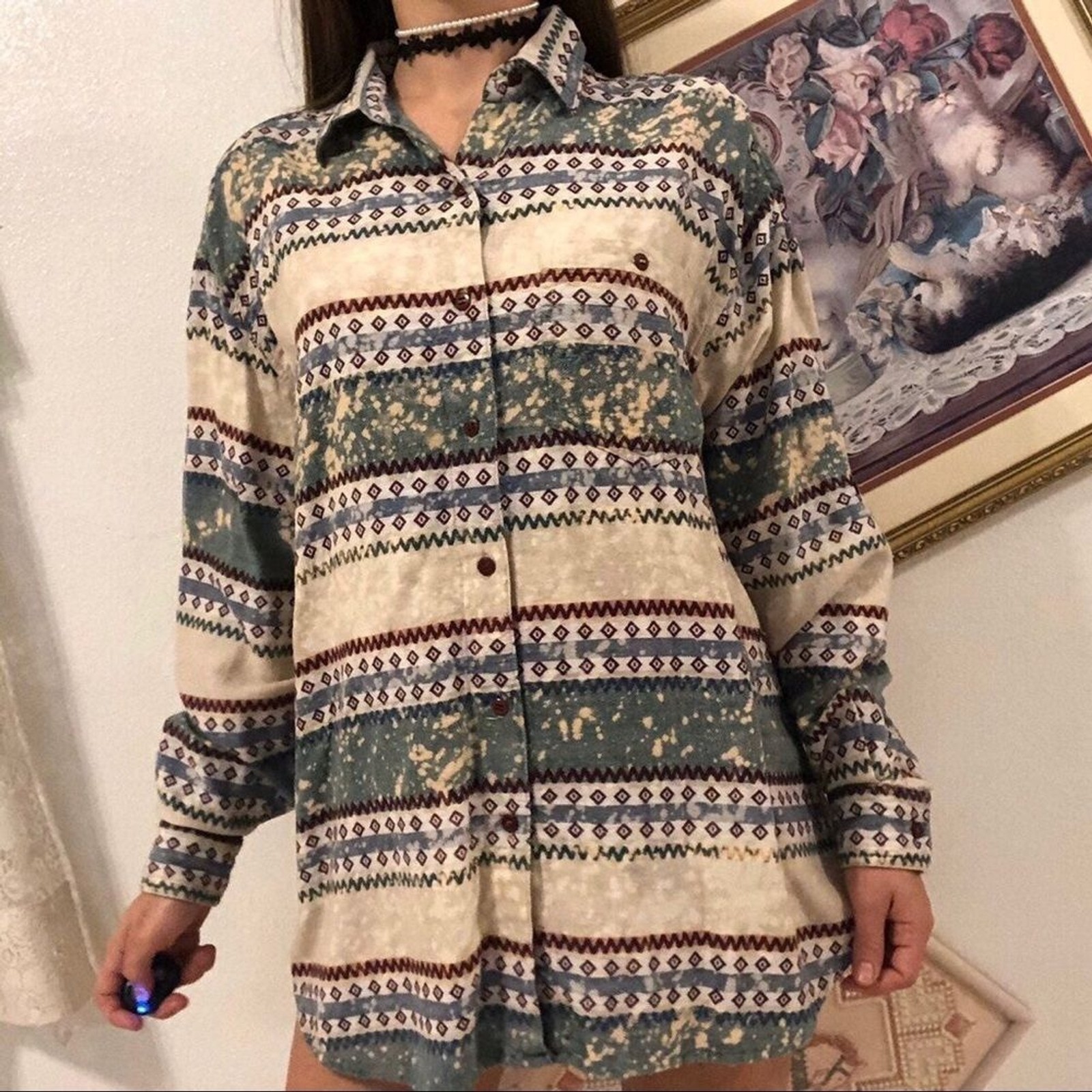1X Vintage Rework Top Long Sleeve Button Down Indie Western Mori Kei Hippie Vtg