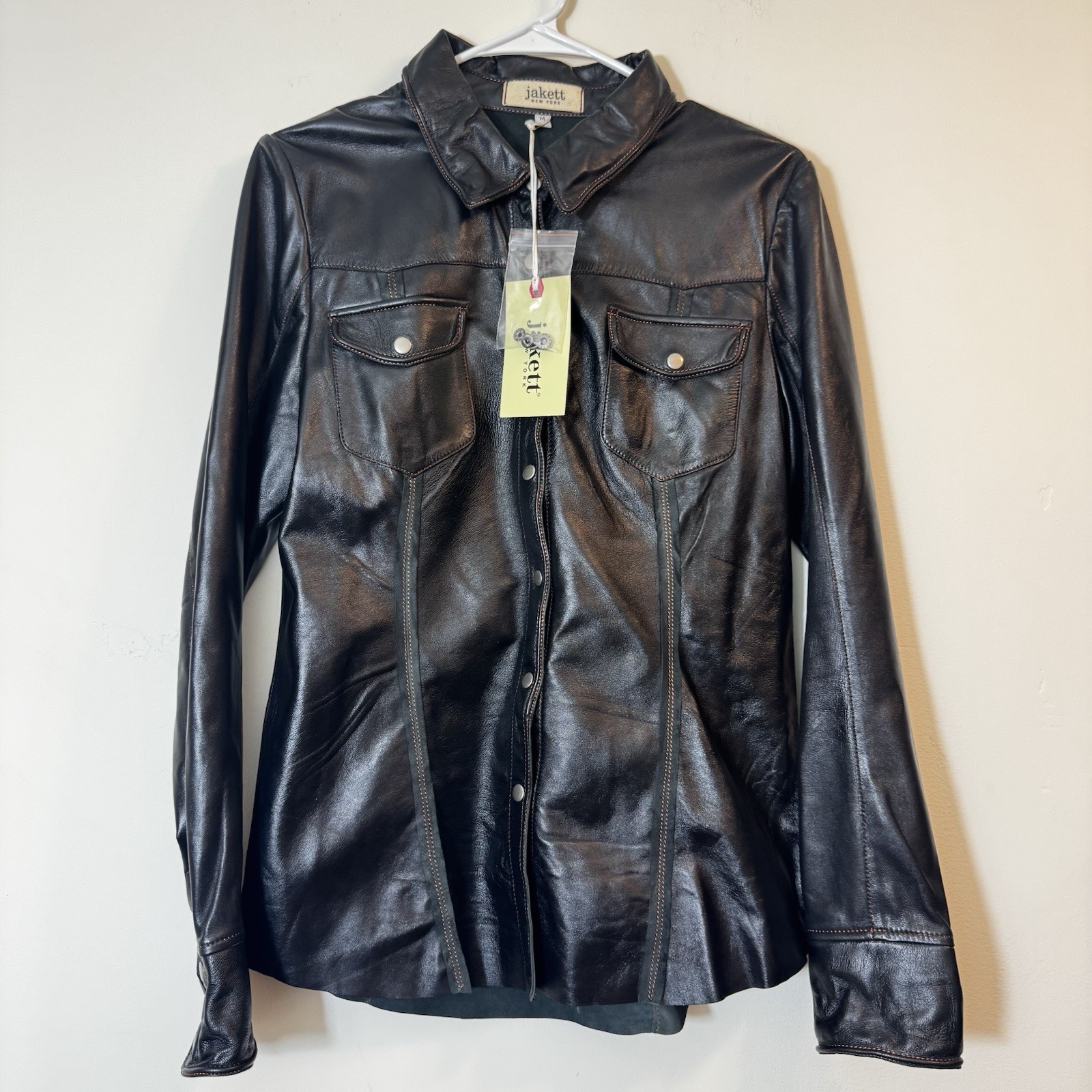 Jakett New York 100% Genuine Leather Shirt Jacket Size M Black Long Sleeve New