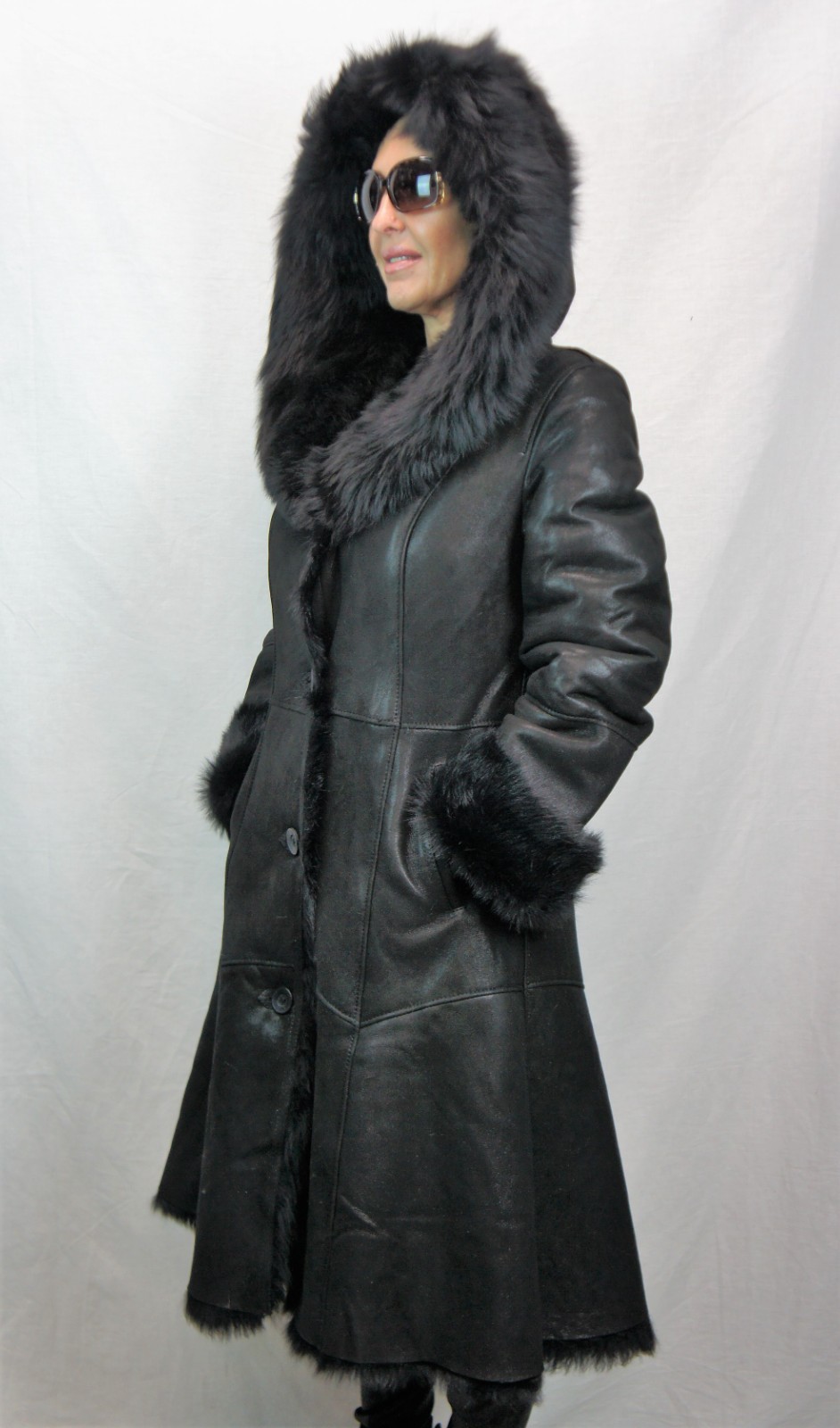 REAL 100% Sheepskin Shearling Leather Toscana Long Coat Hood DAKOTA BLACK XS-6XL