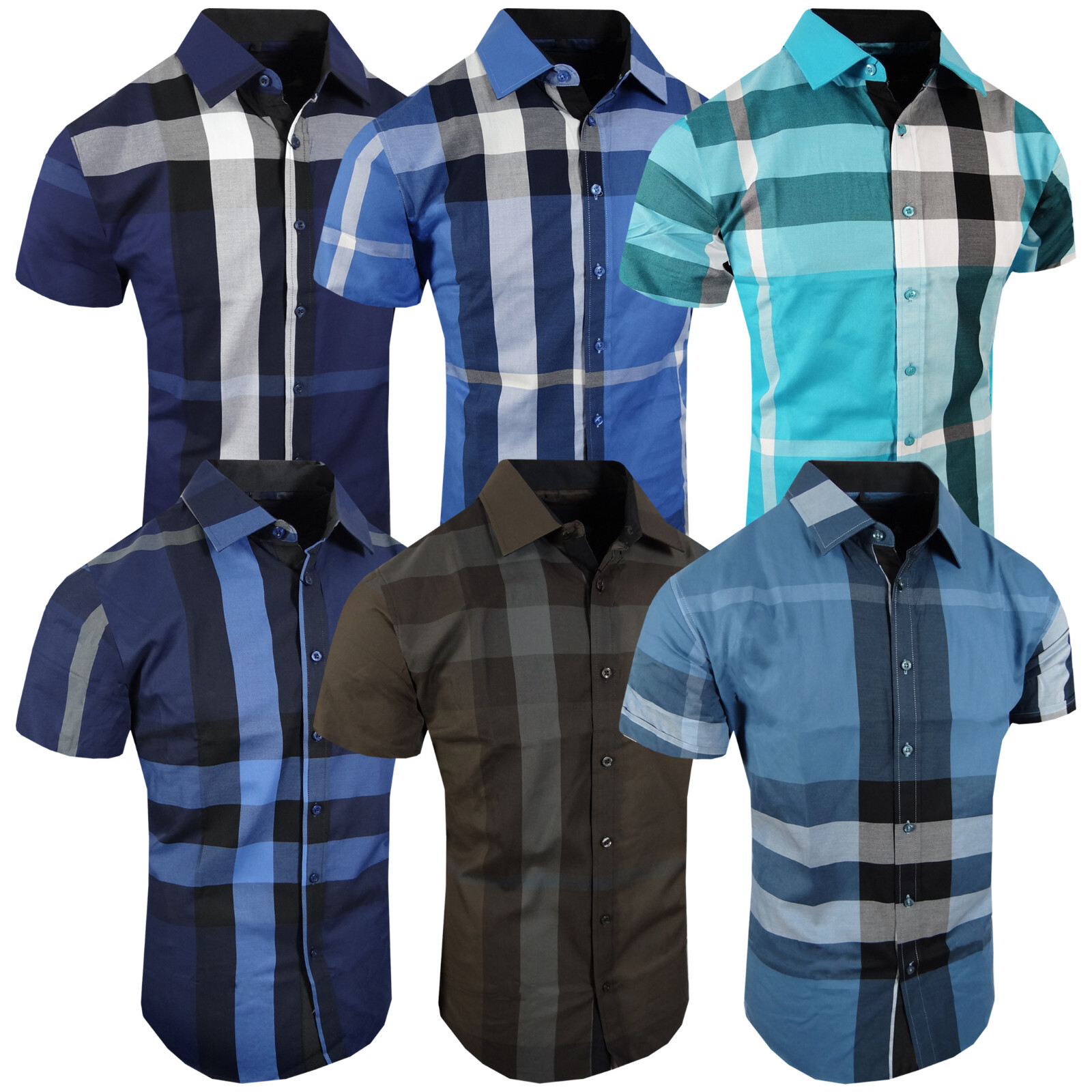 Plaid Shirt Designer Short Sleeve Mens SLIM FIT Stretch Stripe Button Up Dress