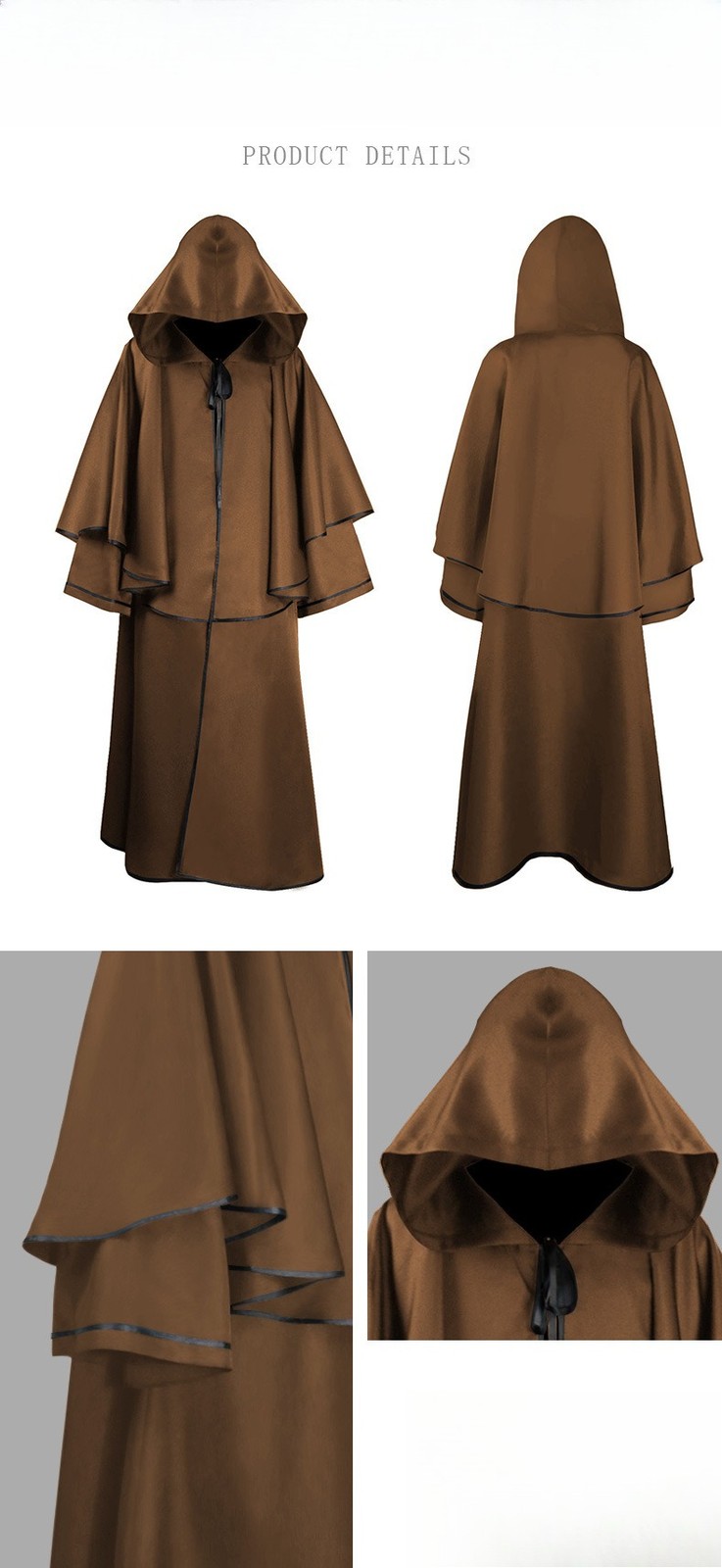 Hooded Monk Cloak Long Sleeve Wizard Robe Reaper Halloween Costume 5 Colors