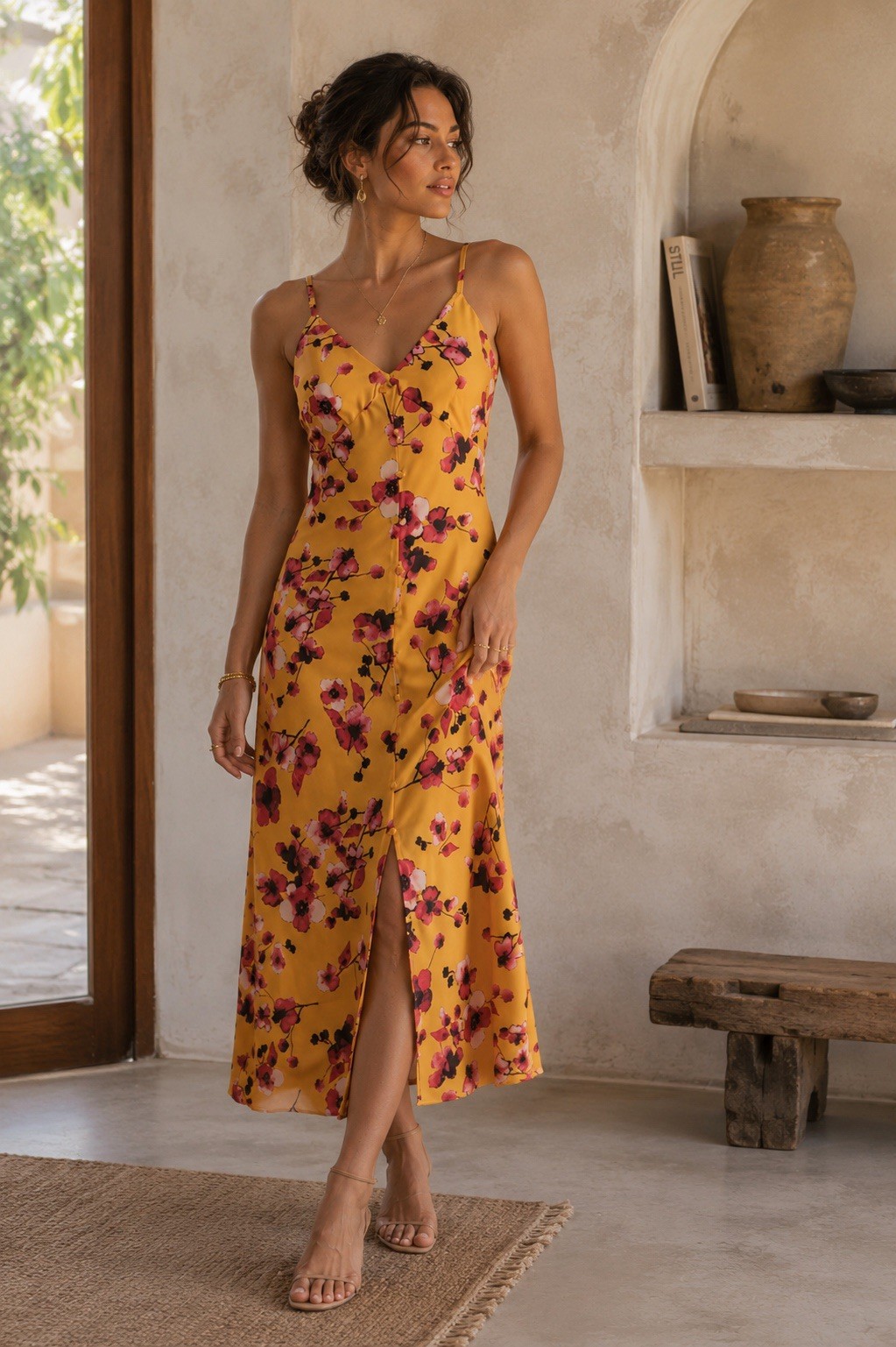 Anthropologie Hutch New MEDIUM Liddy Slipdress Floral Maxi Dress Mustard Multi