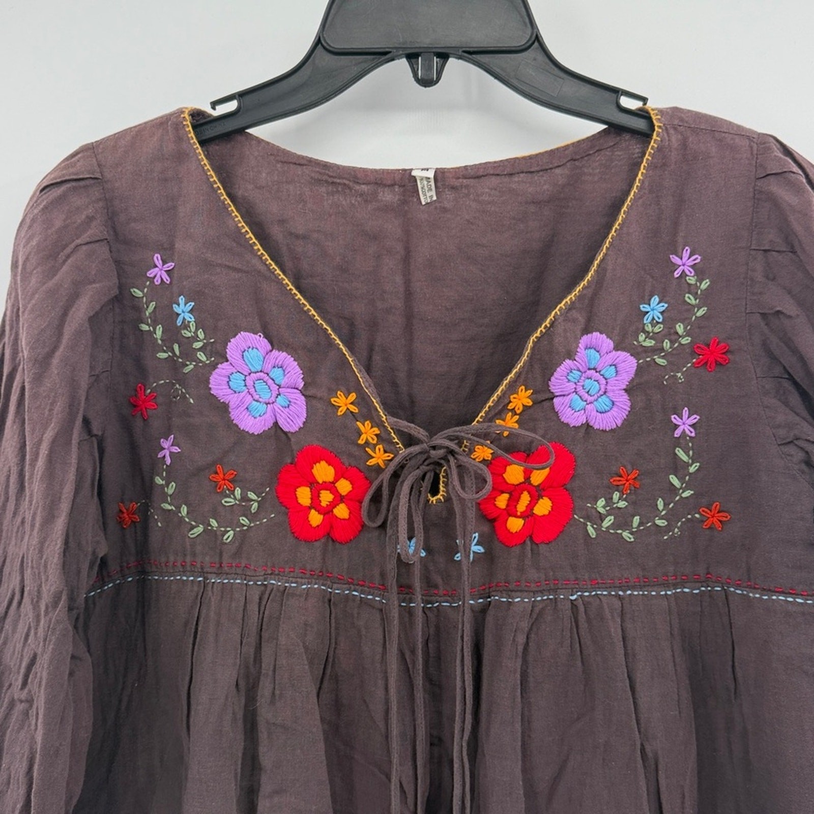 Bohemian Peasant Style Embroidered Top – Brown – Medium