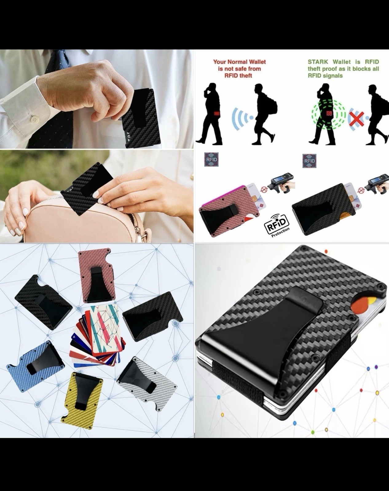 Men’s RFID Blocking Slim Money Clip Carbon Fiber Wallet ID Credit Card Holder