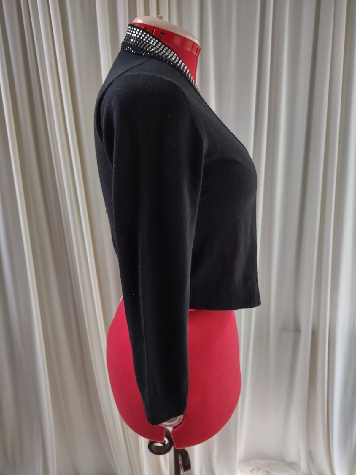 Calvin Klein Black Cropped Cardigan Rhinestone Trim Open Front; Size Petite