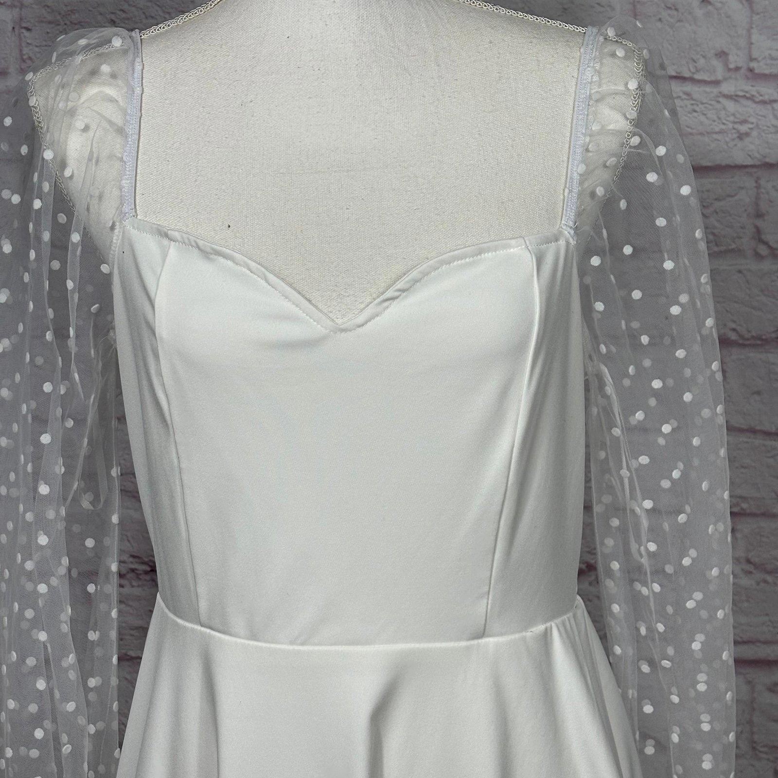White Polka Dot Mesh Sleeve Fit & Flare Mini Dress Large