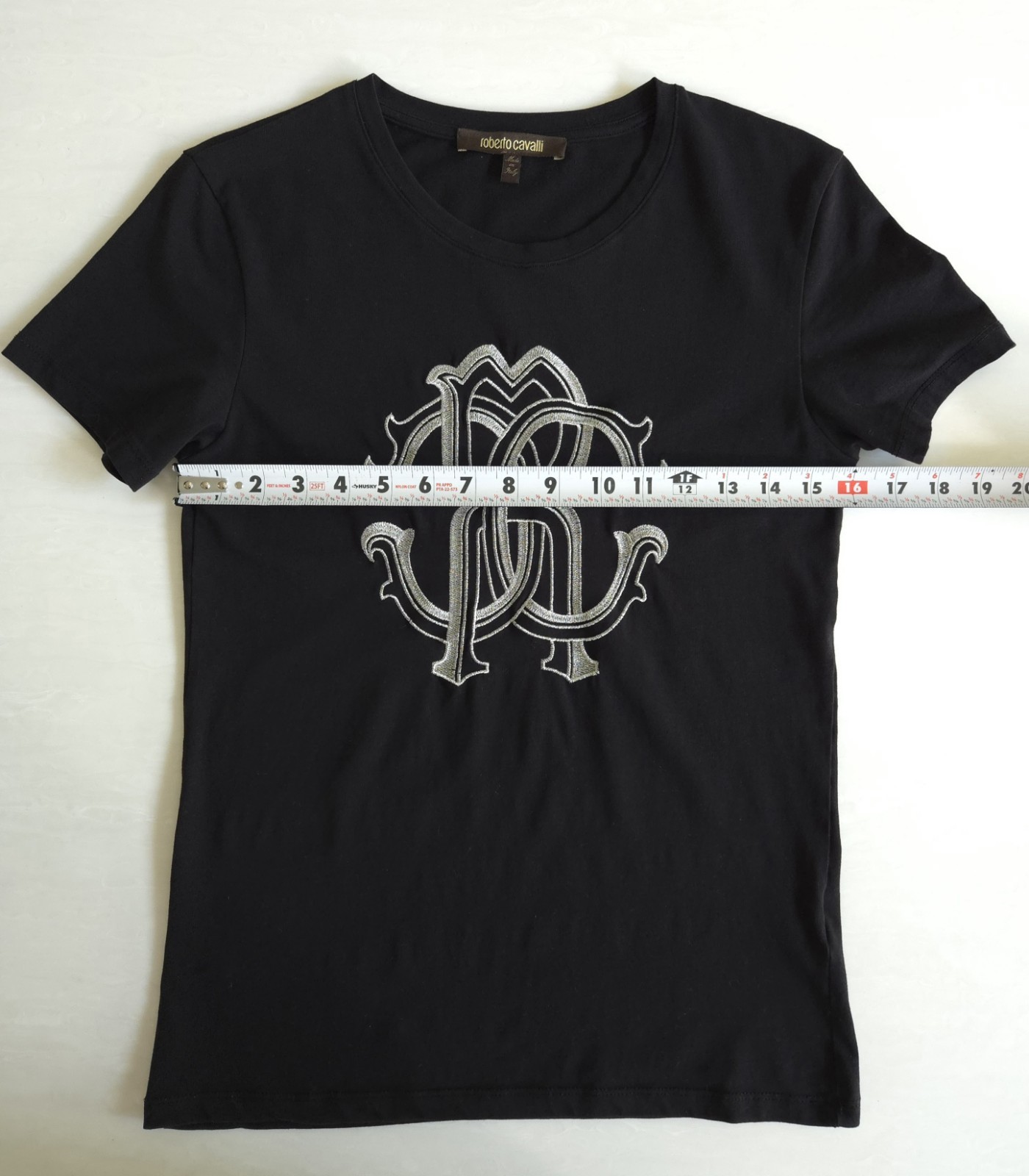 Roberto Cavalli Women Embroidered Monogram Logo Stretch Cotton Black Tee S/M