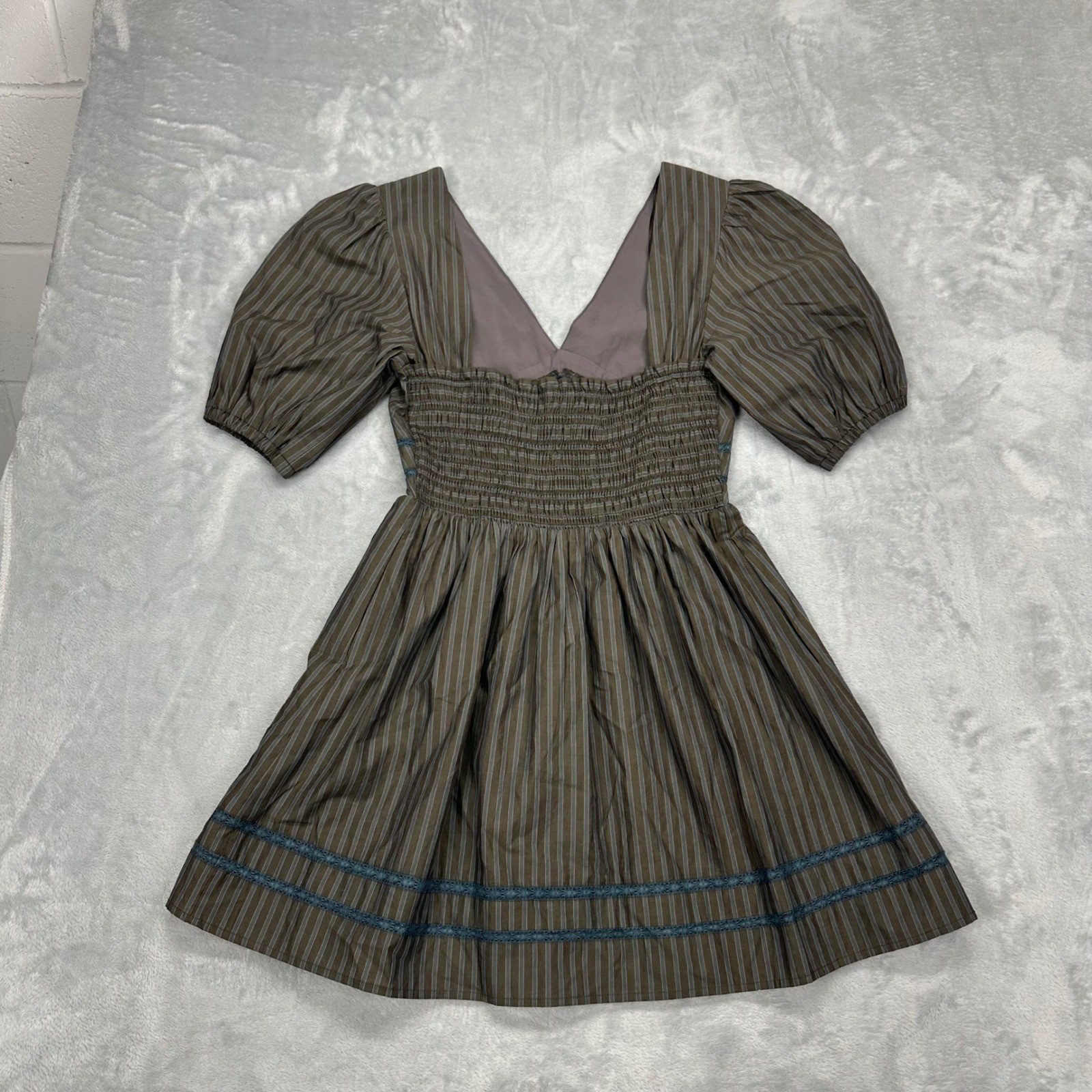 Jacquie The Label Brown Blue Striped Puff Sleeve V-Neck Mini Dress Small Smocked
