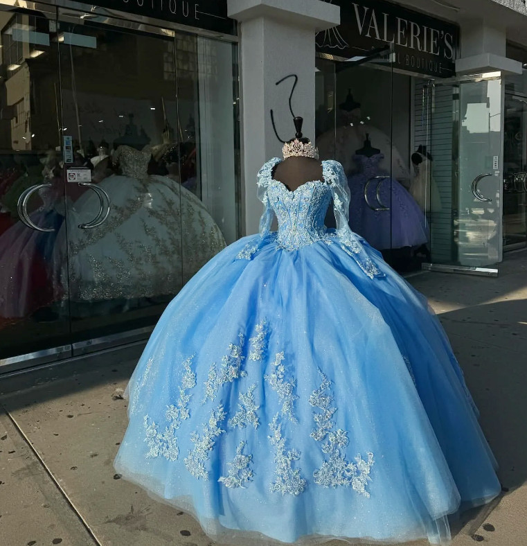 Sky Blue Quinceanera Dresses Long Sleeves Princess Lace Sweet 15 16 Ball Gown