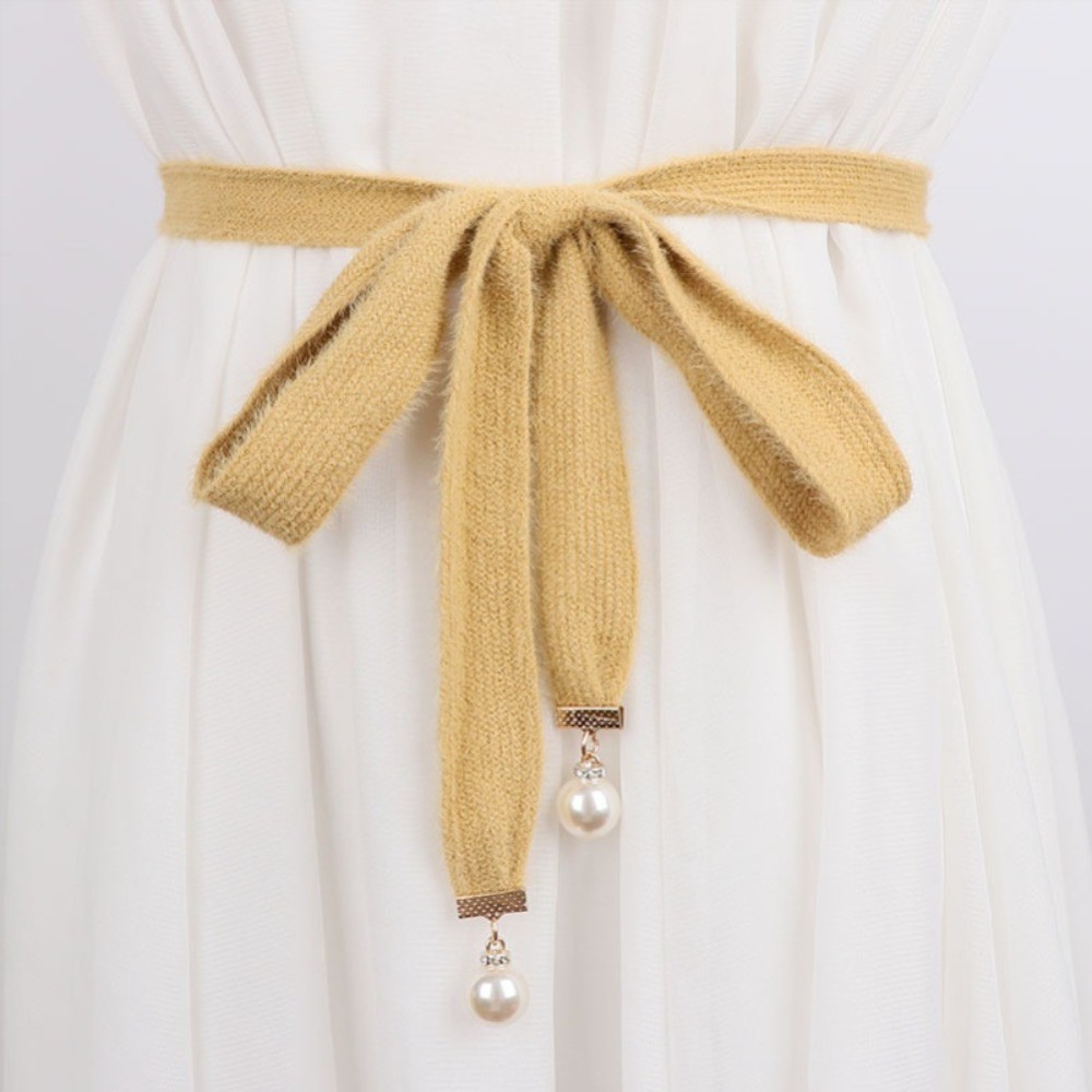 Women Knitted Beaded Belt Waistband Tie Ribbon Strap for Sweater Jumper Cardigan