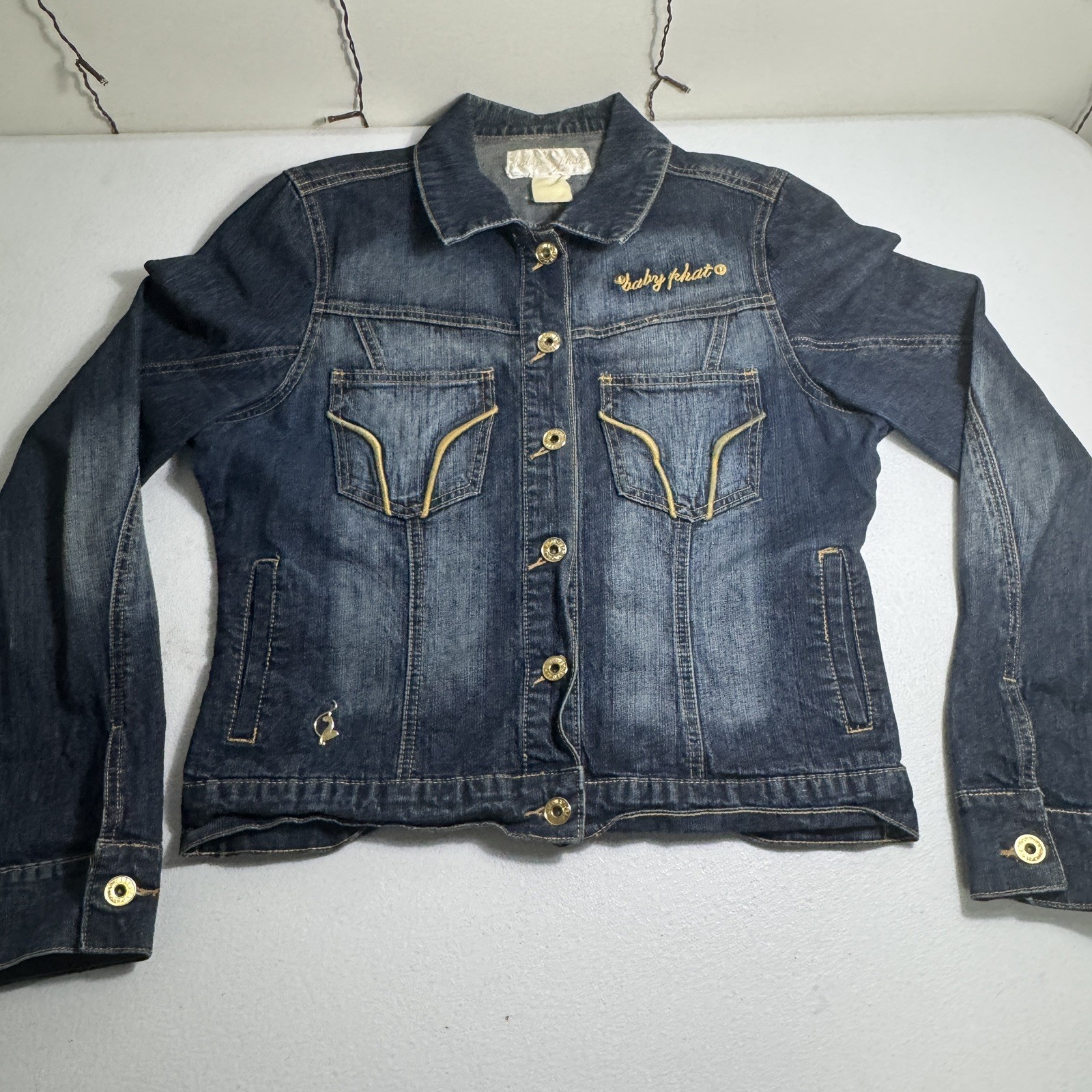 Vintage Y2K Baby Phat Women’s Blue Jean Jacket Gold Embroidered Cat Logo Size M