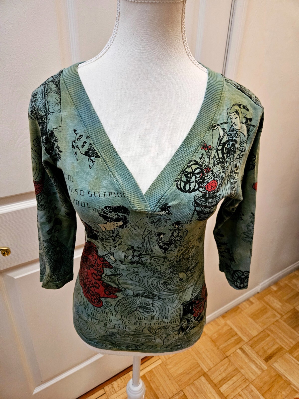 RARE NEW Y2K GLIMA Green Red Tie Dye Print Japan Geisha Cotton Blouse Top S