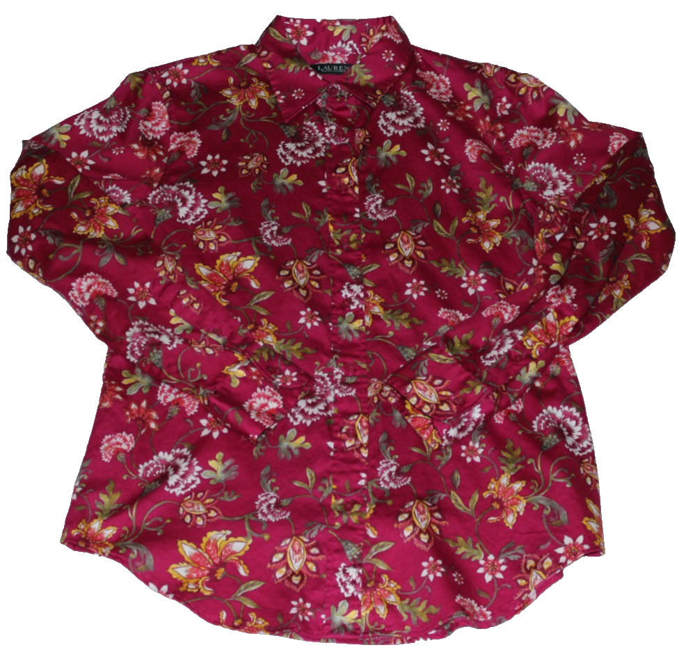 Lauren Ralph Lauren Button Up Blouse Women’s Size M Red Ditsy Floral VTG
