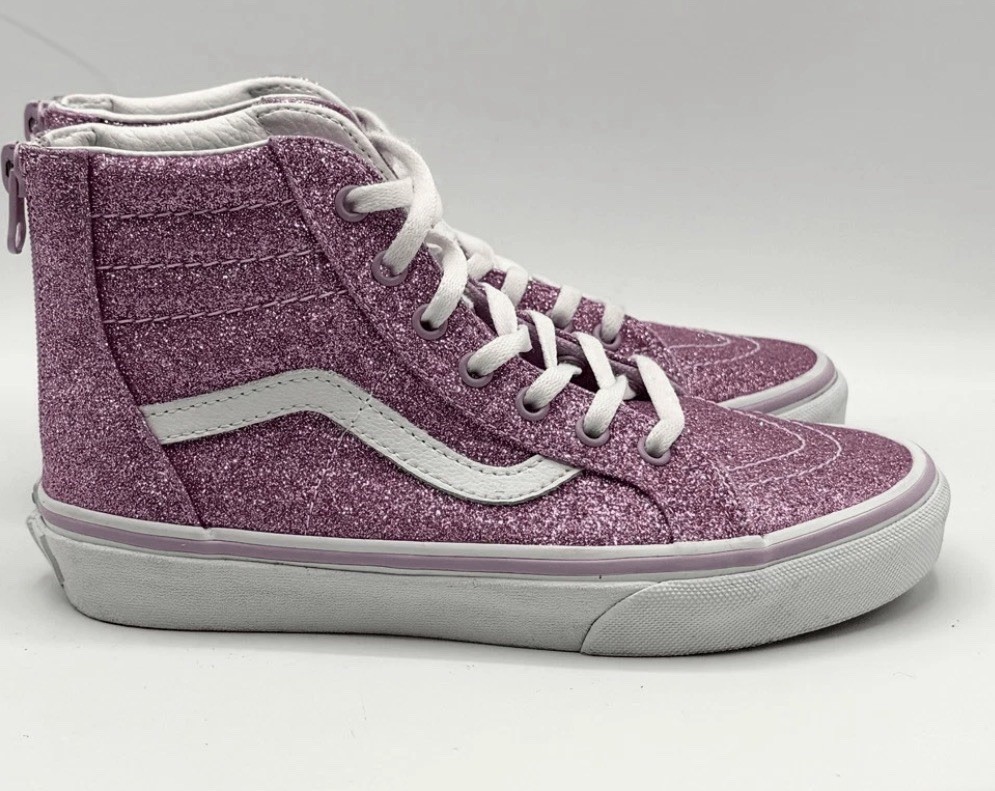 VANS Sk8-Hi Kids High Top Sneakers Purple/White Glitter Lace Up Zip US 2.5