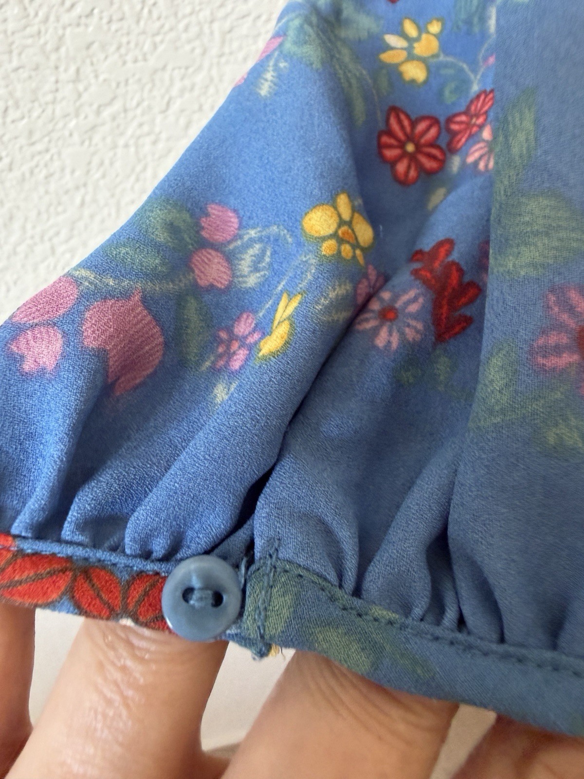 Dalia Women’s Blue Floral Long Sleeve Peasant Blouse Tie Neck Boho Top Size L