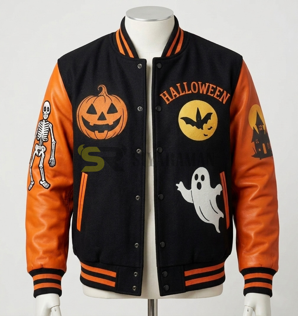 Halloween Varsity Jacket Mens Womens Wool Letterman Genuine Leather Sleeves