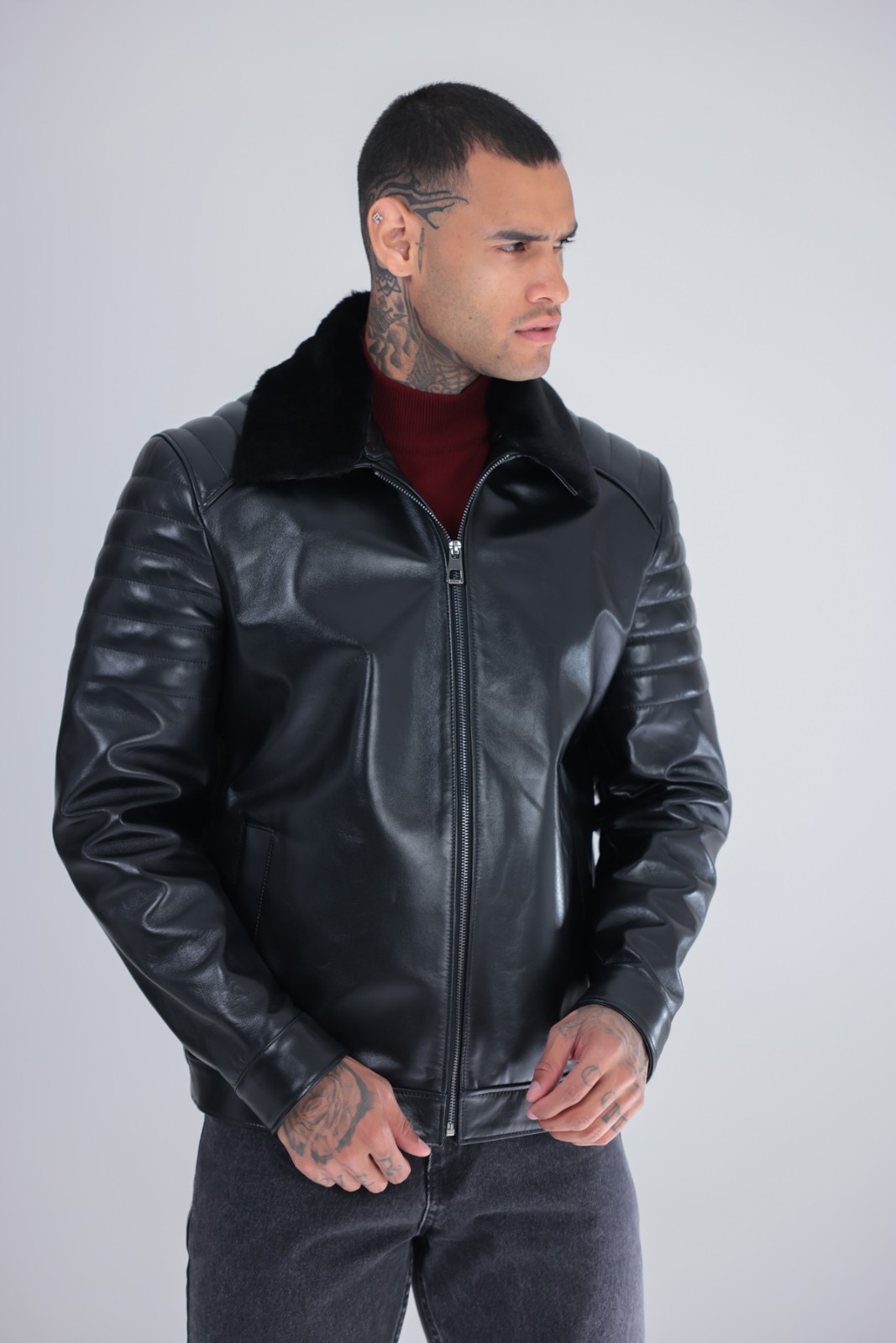 Men’s Genuine Leather Jacket Black Fur Collar Zip Moto Biker Coat 26″ – 65cm