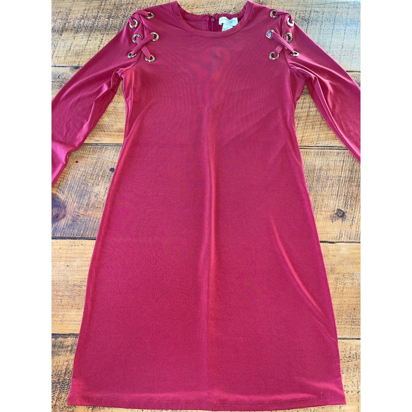 Womens Carmen Marc Valvo Brick Red Long Sleeve Slinky Soft Grommet Dress Small