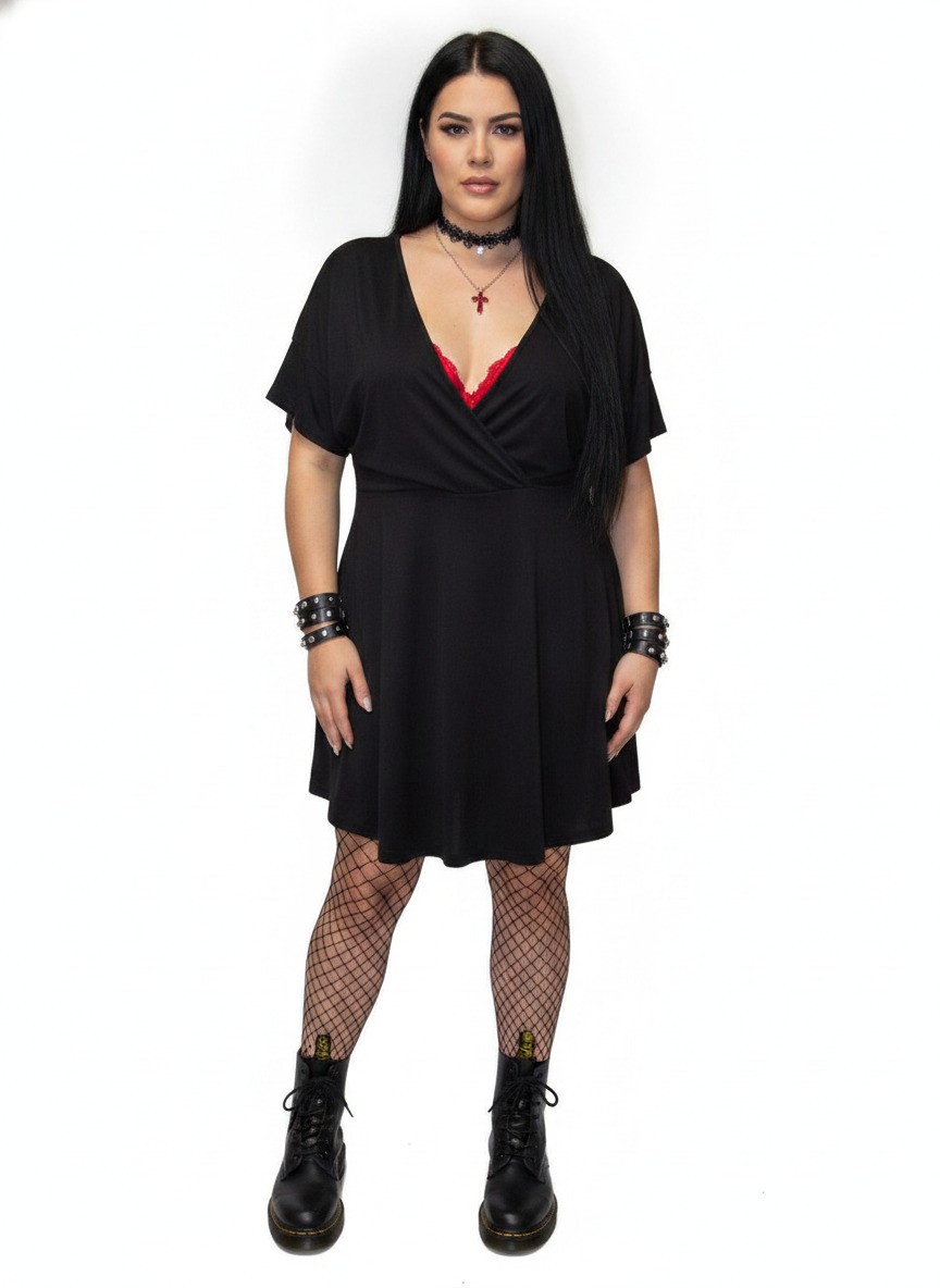 Pretty Little Thing Black Plus Size 22 Short Sleeve Wrap Dress w/ Waist Tie Goth