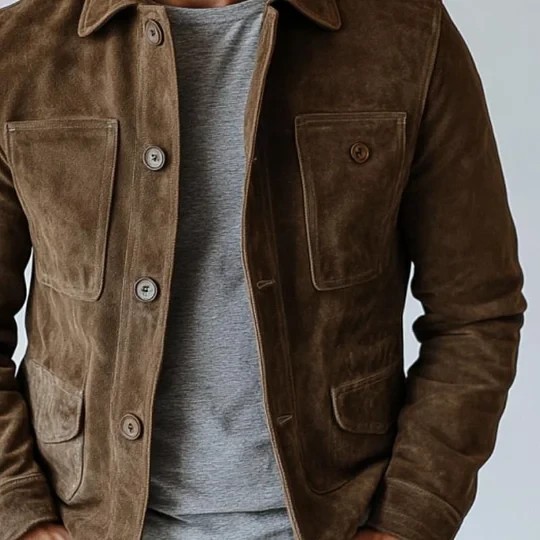 Men Brown Pure Suede Leather Jacket Slim Fit Trucker Jacket Custom Size S M L XL
