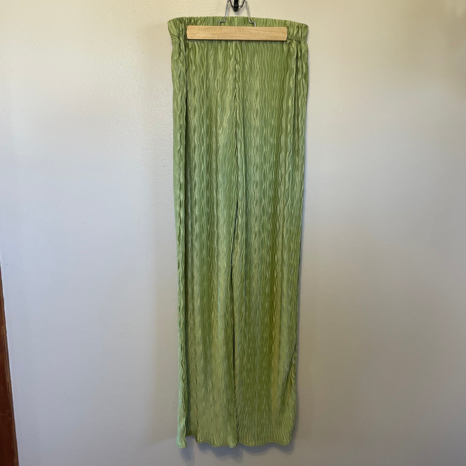 Blue Blush Plissé Satin Wide Leg Pants Small Green Crinkle Palazzo Elastic Wai