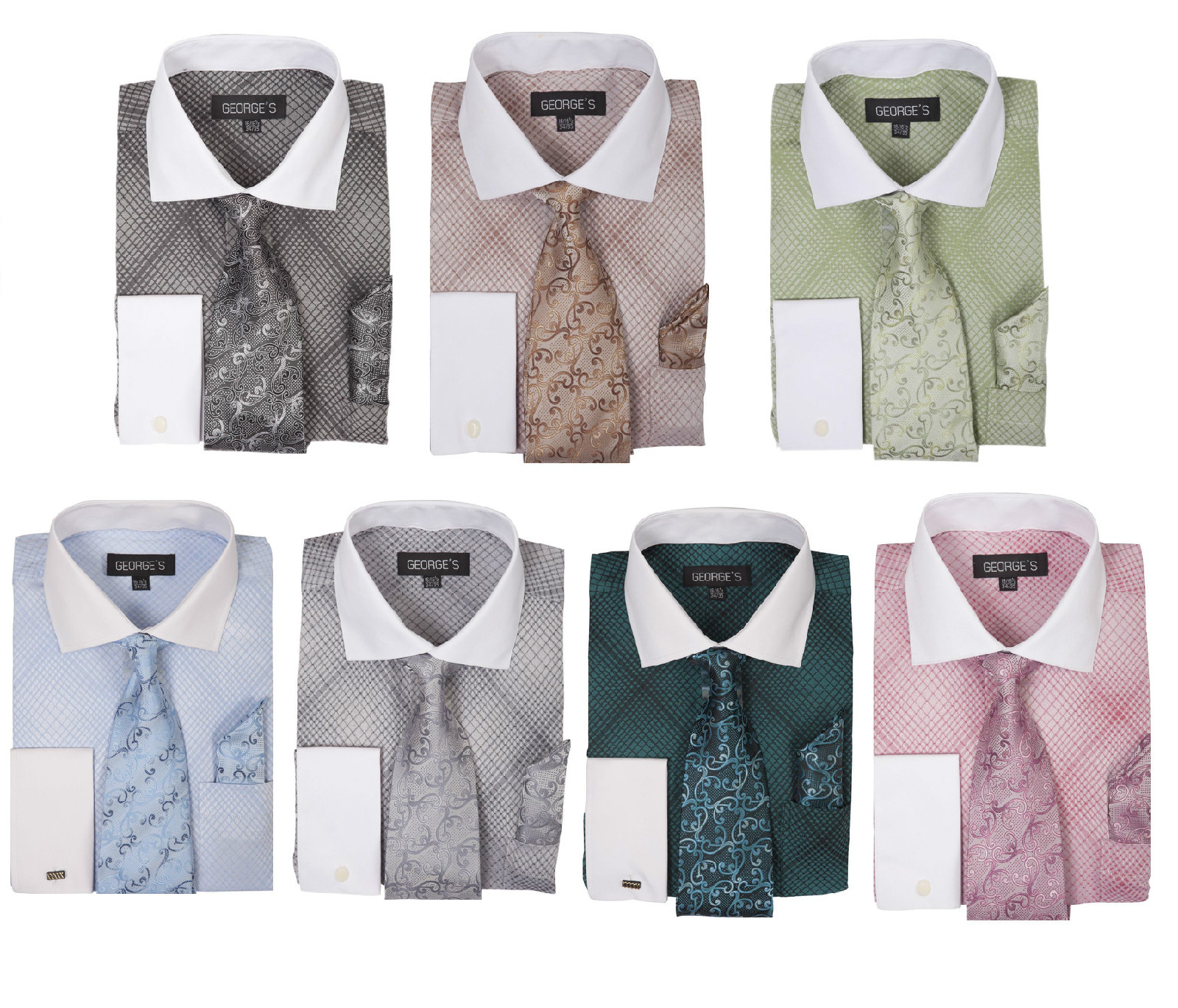 New Men’s Mini Plaid /Check Design Dress Shirt French Cuff With Tie&Hanky AH624
