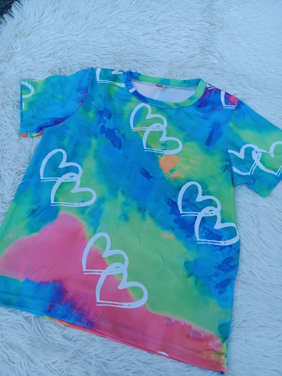 Girls Tie-Dye Heart Print Crew Neck Short Sleeve Stretch T-Shirt Size 130