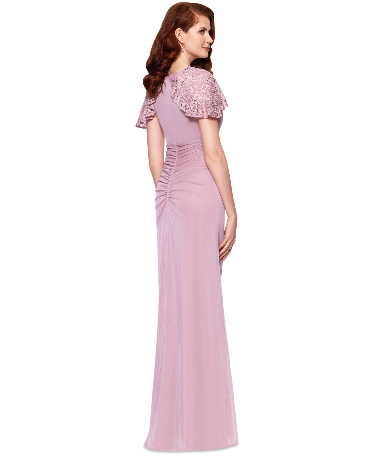 Betsy & Adam Draped Gown Lace Flutter Sleeve Ruched Ruffled Rose Pink Size 12