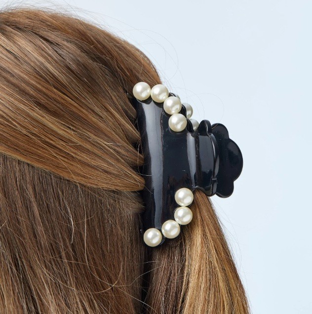 NWT $65 Lele Sadoughi for Anthropologie Hair Claw Clip Jet Black W Glass Pearls