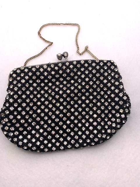 vintage sixties rhinestone evening bag with sterling silver frame on mesh back