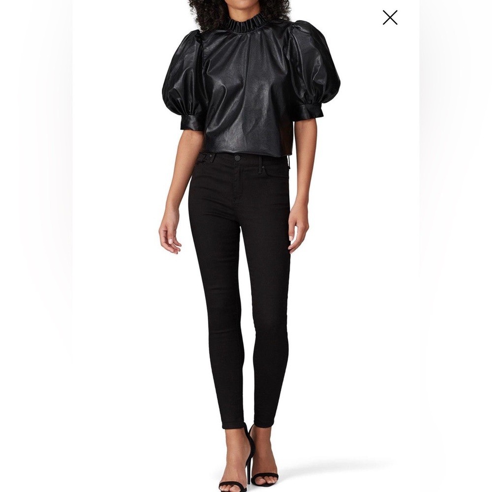 Hunter Bell Stella Faux Leather Top XS Puff Sleeve Ruffle Collar Statement 🖤✨