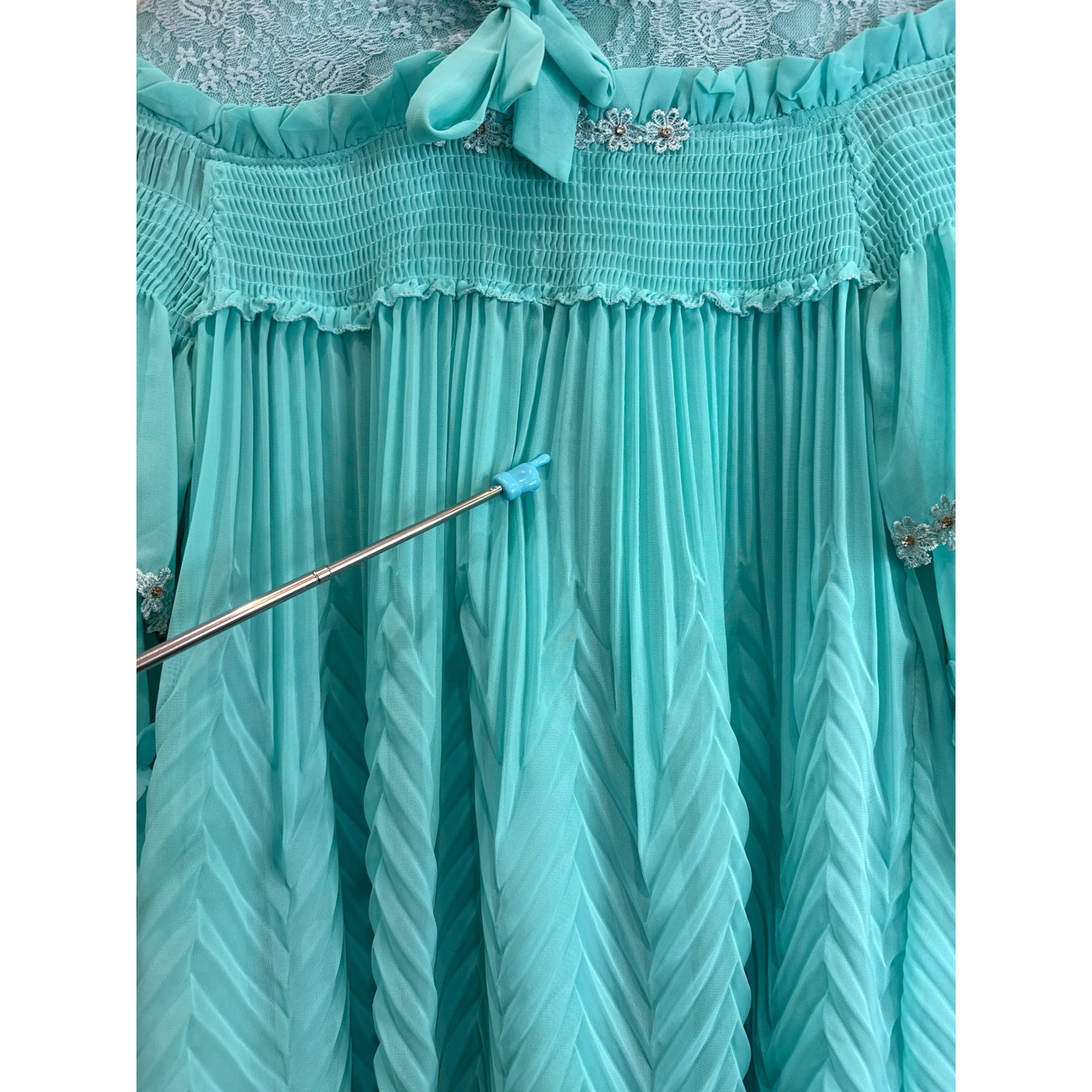 KID CO Aqua Blue Lace Trim Pleated Tunic Dress Teen 16/ Small Adult Rhinestone