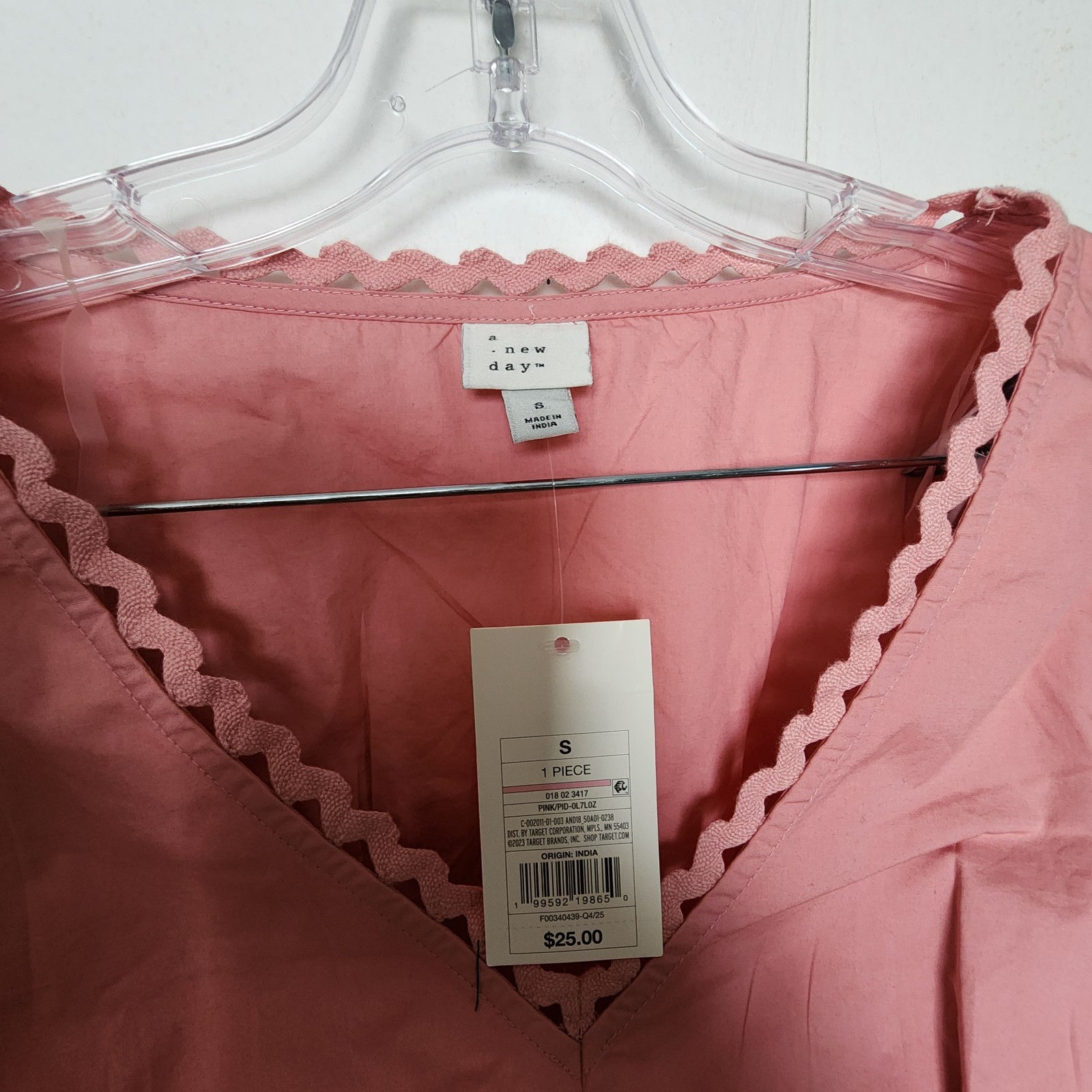 A New Day Pink Cotton Woven Cropped babydoll Puff Sleeve Smock Blouse S cottage