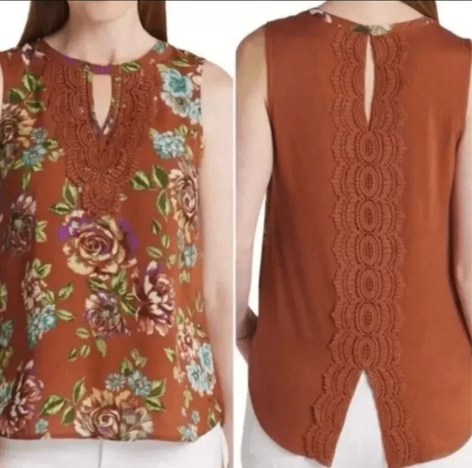 DANIEL RAINN CROCHET TRIM SLEEVELESS BLOUSE Women’s Size Medium RUST FLORAL