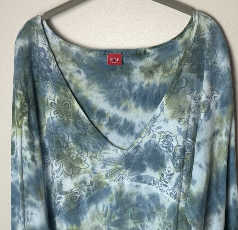 Glima Tunic Top or Short Dress Plus Size 3X V-Neck 3/4 Sleeves Cotton Blue Green
