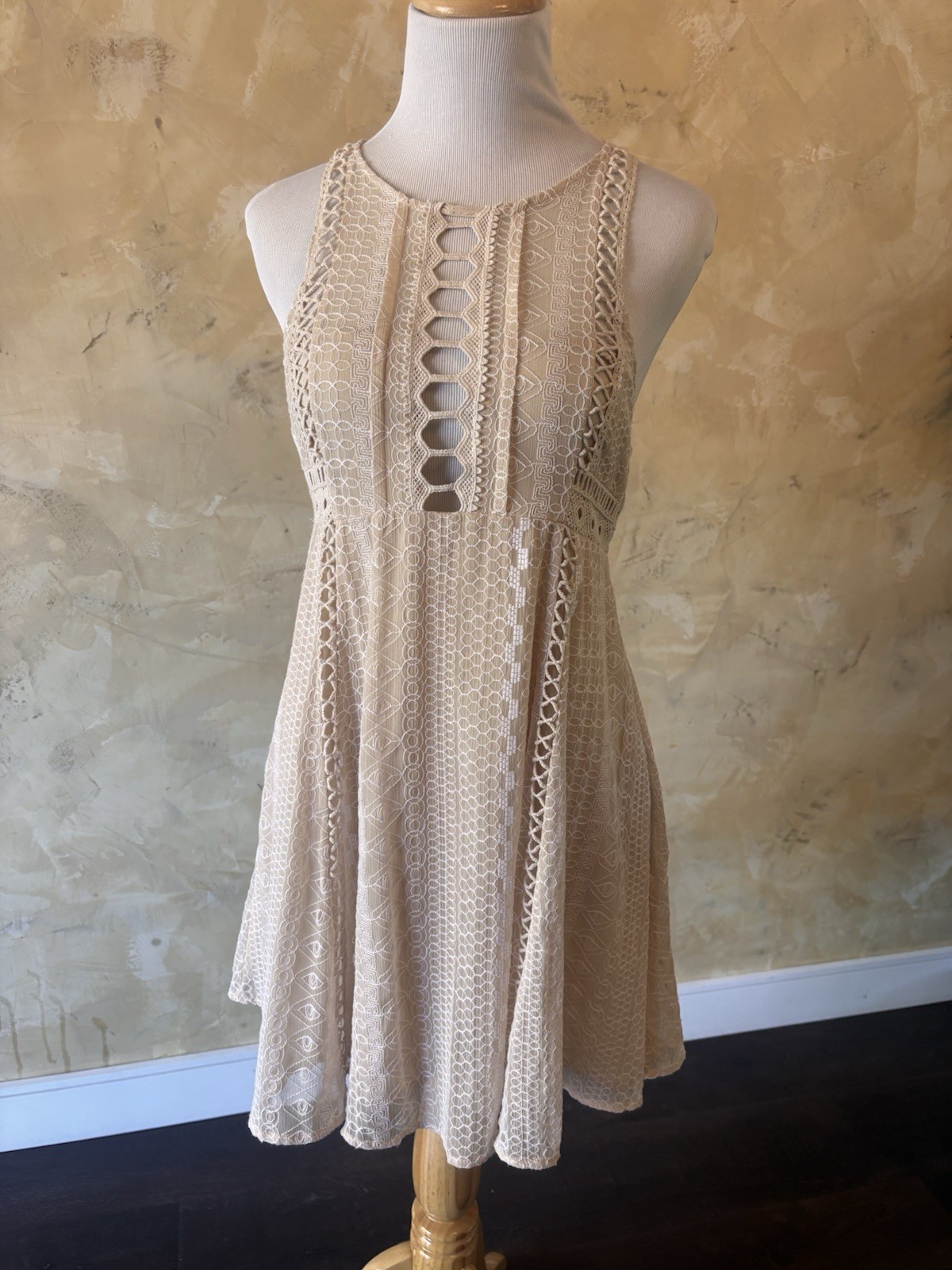 Free People Beige Lace Crochet Cut-Out A-Line Mini Dress Round Neck Button 4