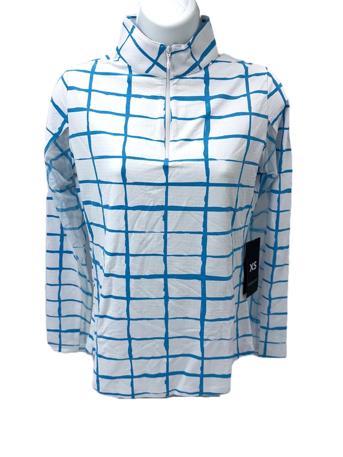 $101 IBKUL Women’s Cordova Print Long Sleeve Mock Neck Top-White/Turq-XSmall-New