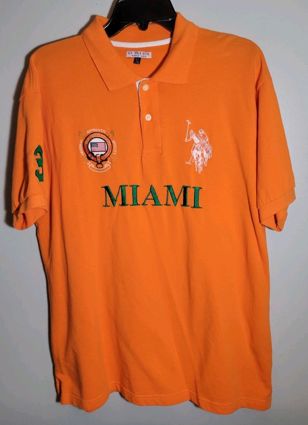US Polo UM Miami Polo Shirt Size Large Embroidered Logo Orange Men’s #3 NCAA