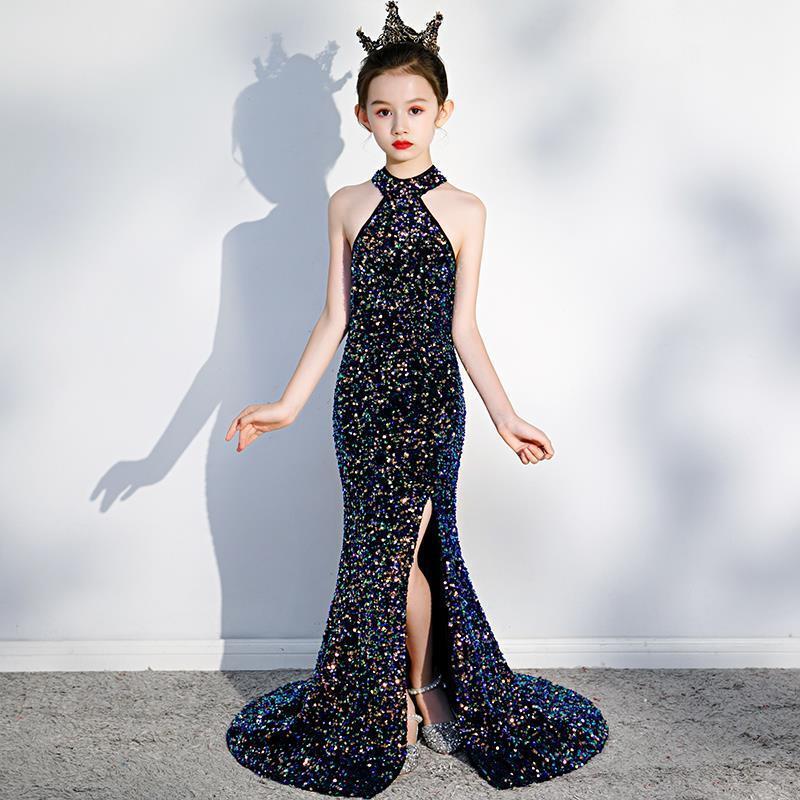 Black Sequined Slim Mermaid Sweep Train Long Maxi Ball Gown Dress Party Princess