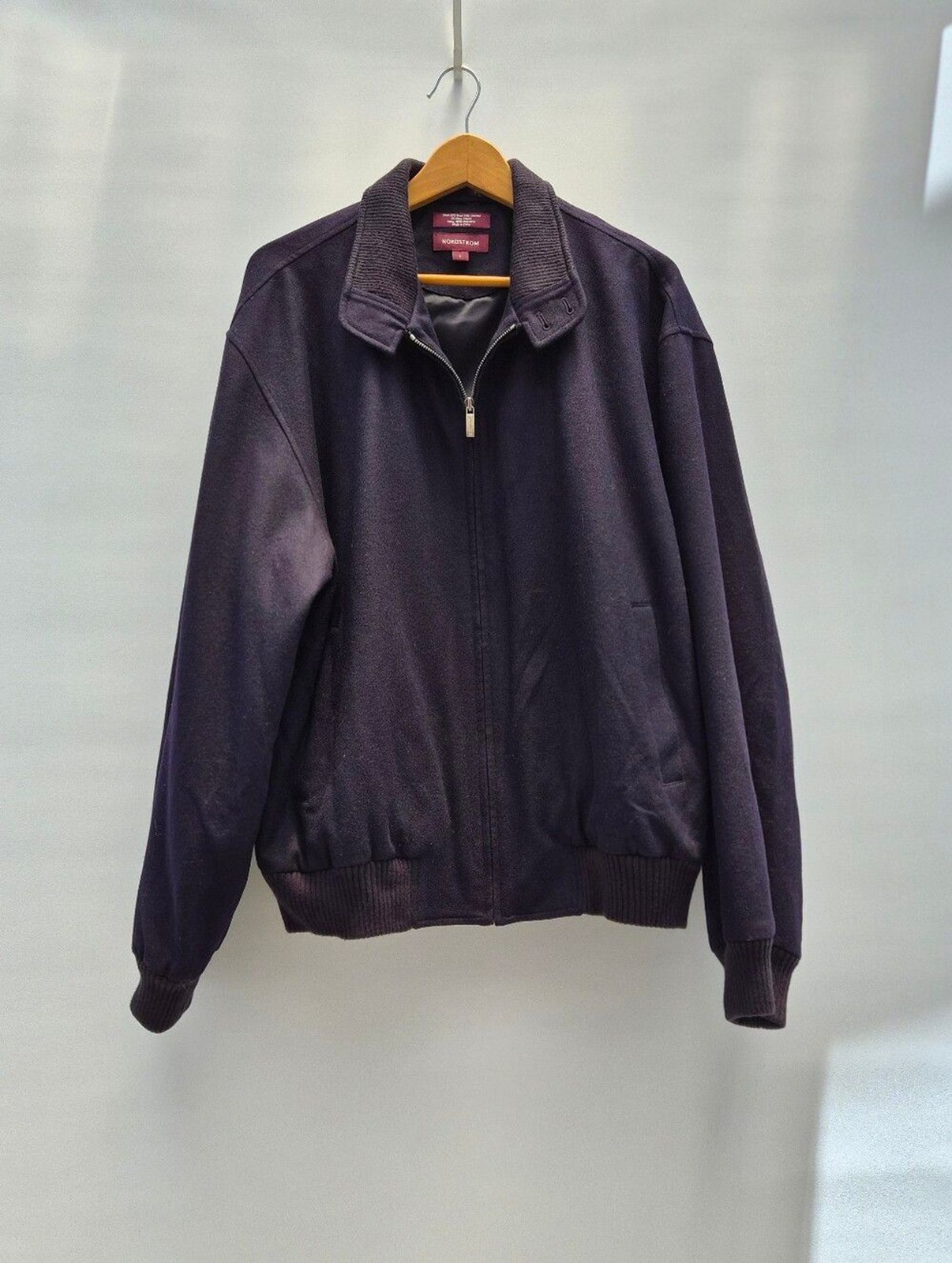 Vtg Nordstrom Wool Blend Zip Bomber Jacket Size L Dark Navy Blouson Minimalist