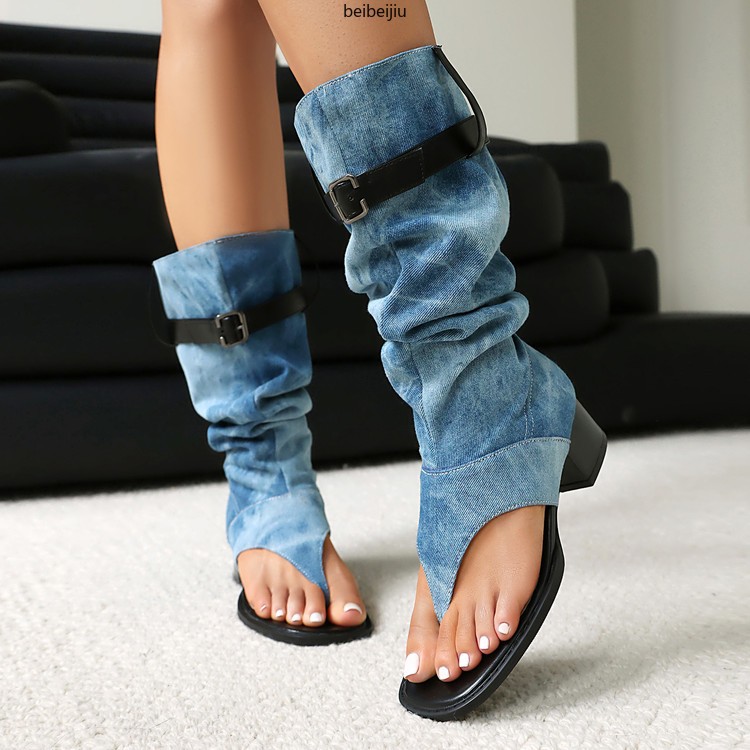 Women‘s Roman Gladiator Denim Boots Sandals Flip Flop Shoes Thongs Belt Casual