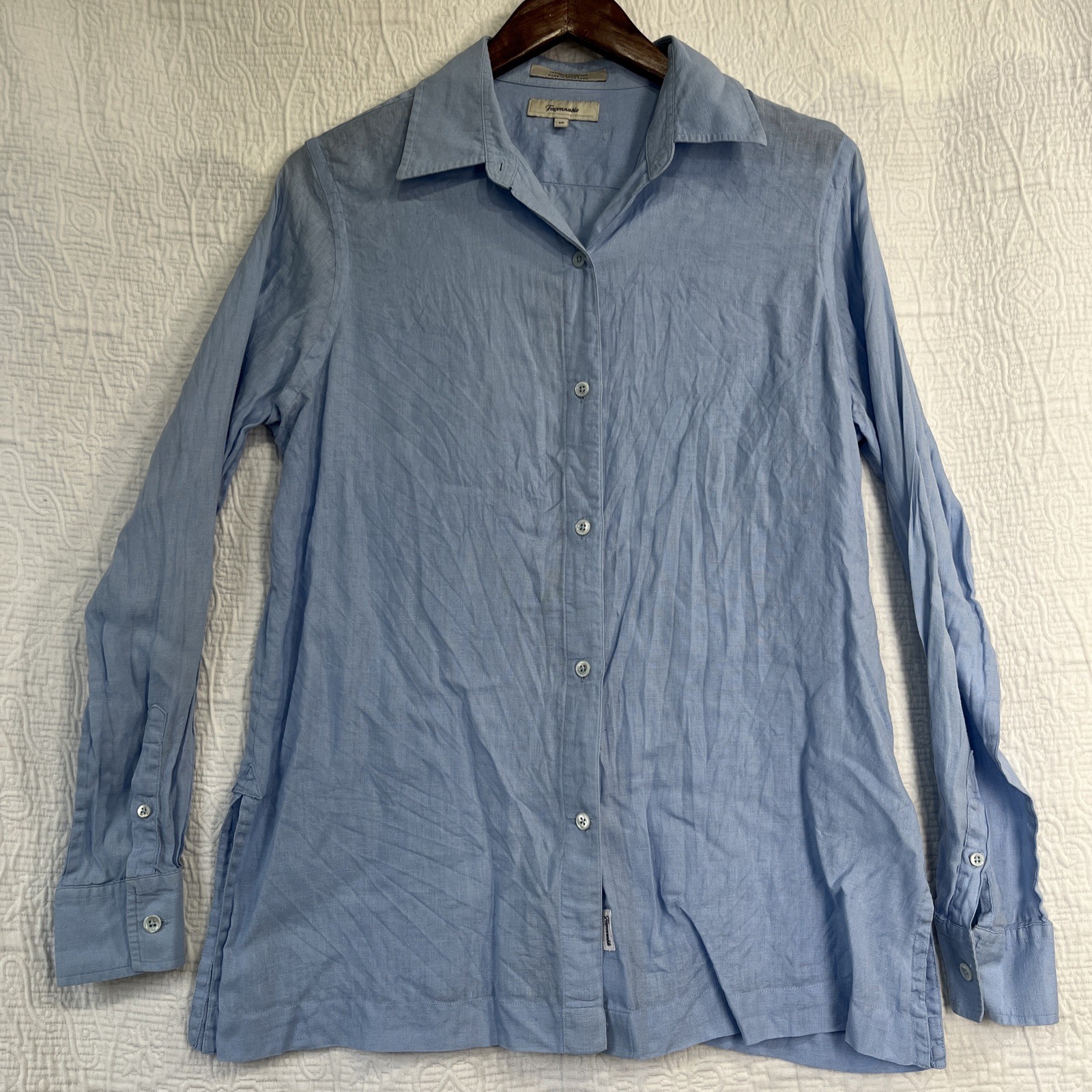 Vintage Faconnable 100 Linen Shirt Women M Blue Minimalist Coastal Lightweight M