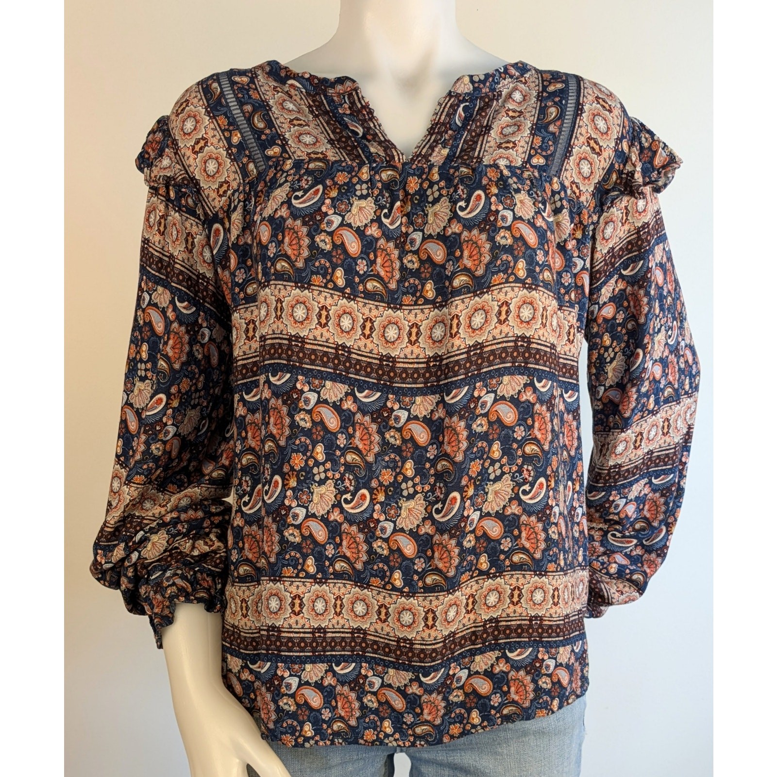 Wonderly Boho Top Large Brown Blue Paisley Stripe Gold Split Neck Flowy Peasant