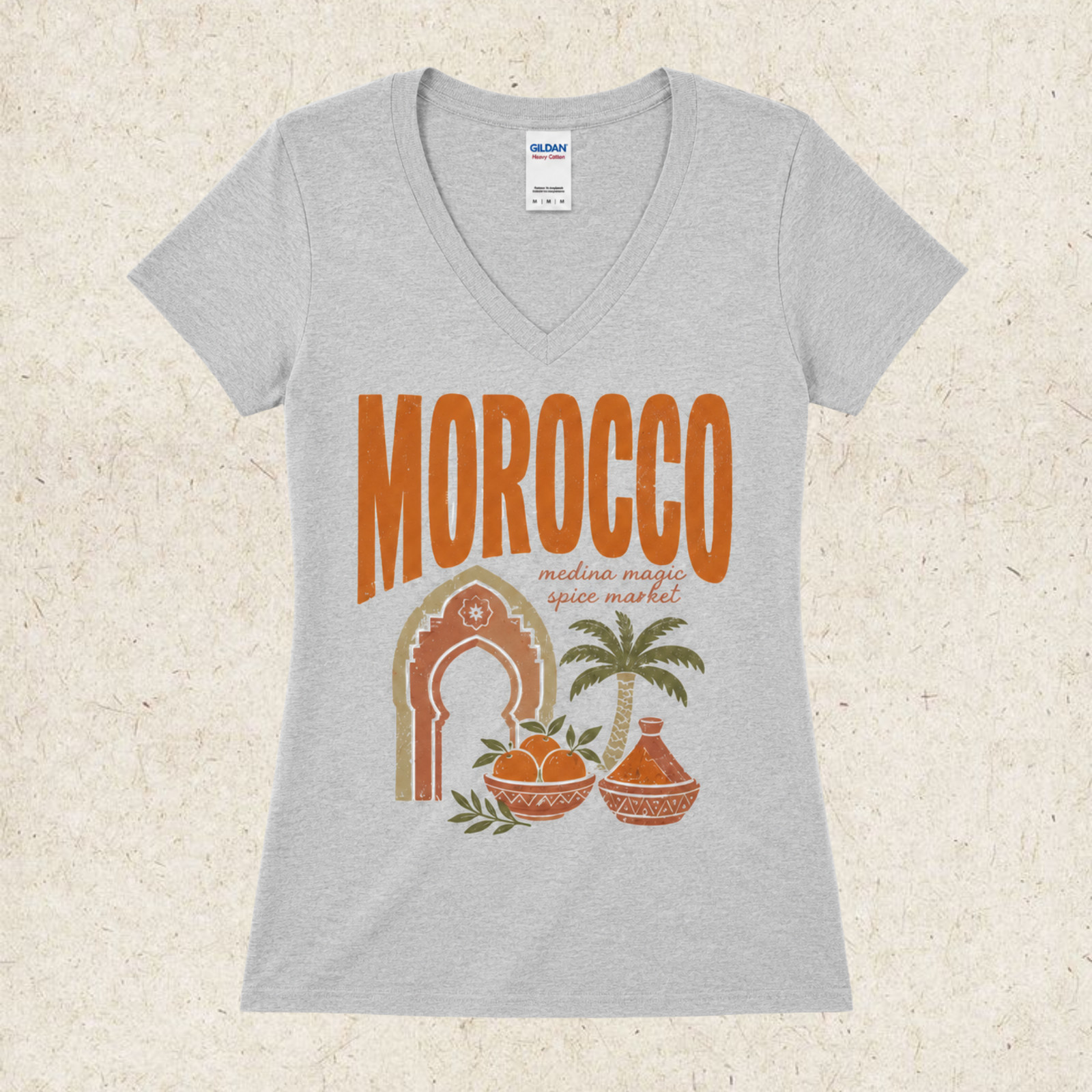 Retro Morocco Travel Women V-Neck Shirt Africa Spice Market Graphic Tee