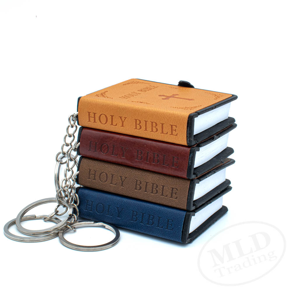 Leather Mini Bible Keychain 2.5×2″ Real Readable Text 4 Color Options w/ Keyring