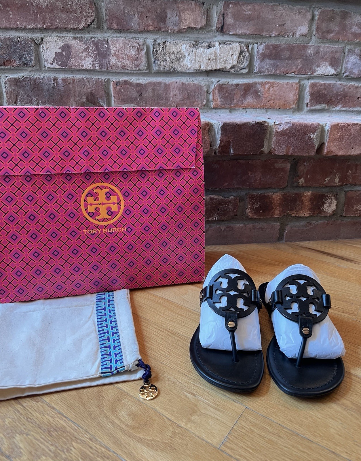 Tory Burch Perfect Black Leather Miller Sandals & Dust Bag