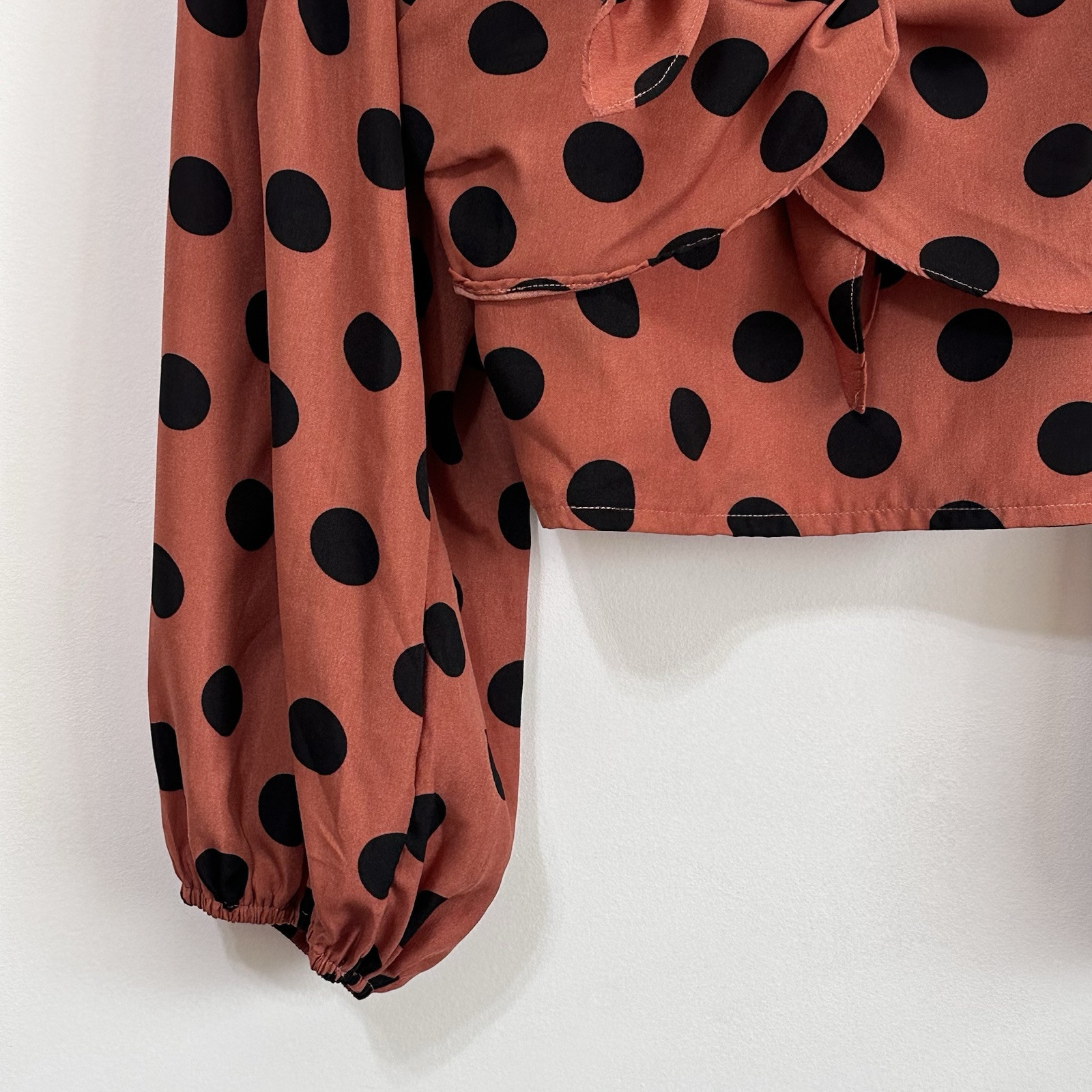 Do+Be Top L Crop Smocked Tie Front Long Sleeve Brown Polka Dot Festival Summer