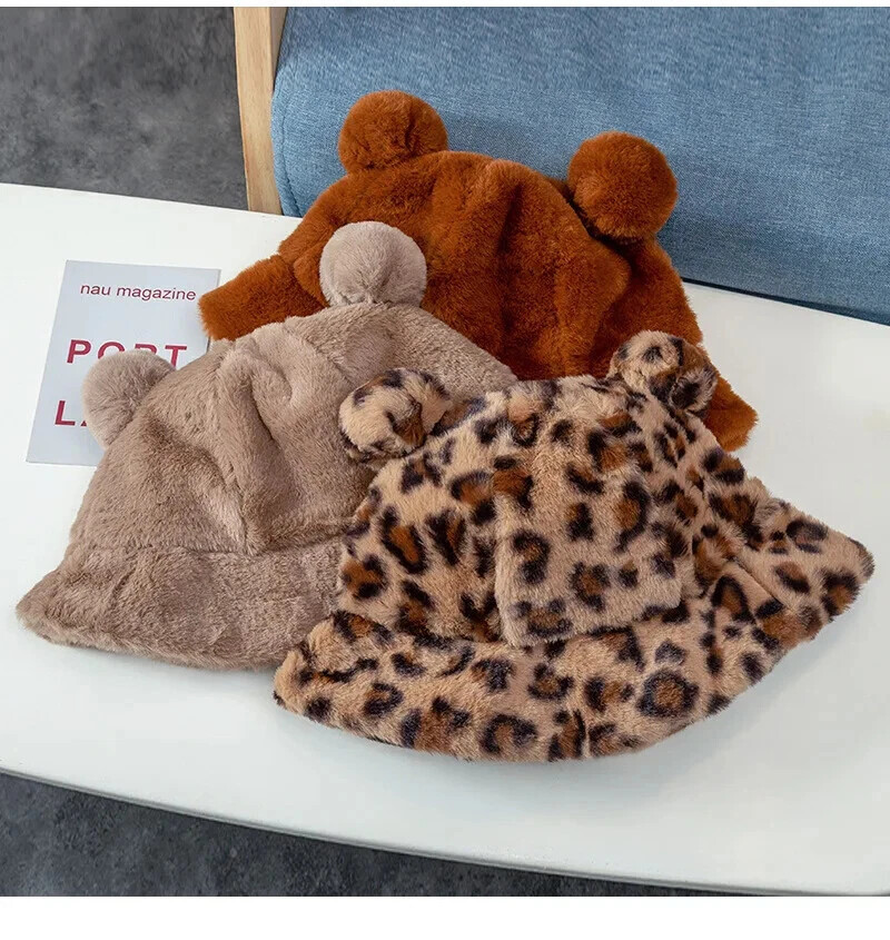 Japanese Cute Leopard Pattern Ears Plush Fisherman’s Hat Children’s Winter Thick