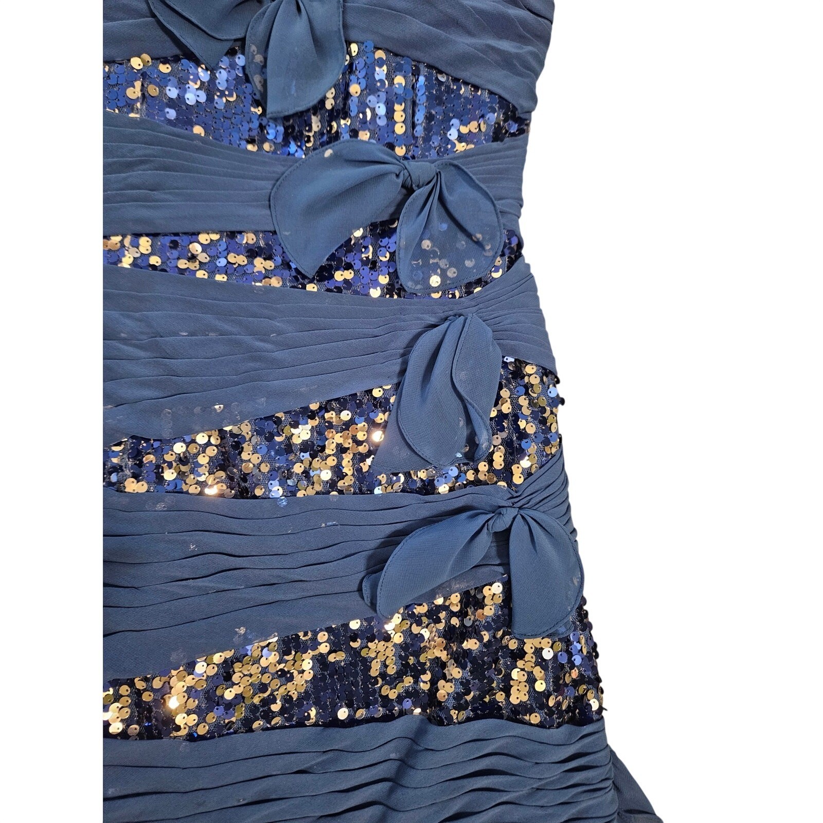 Mori Lee Madeline Gardner Blue Sequin Chiffon Bow Cocktail Dress Mini NWT